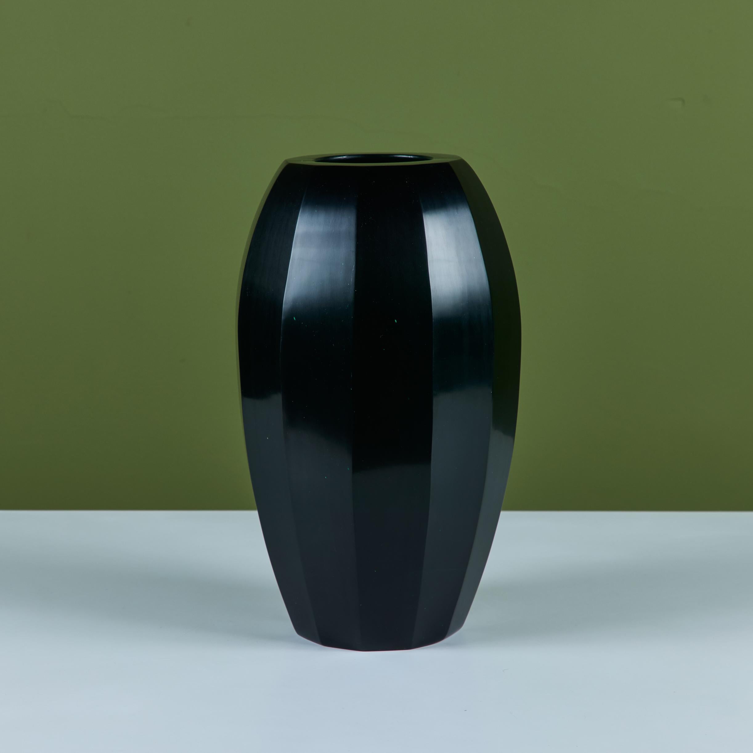 Robert Kuo Dark Green Round Facet Vase For Sale 1