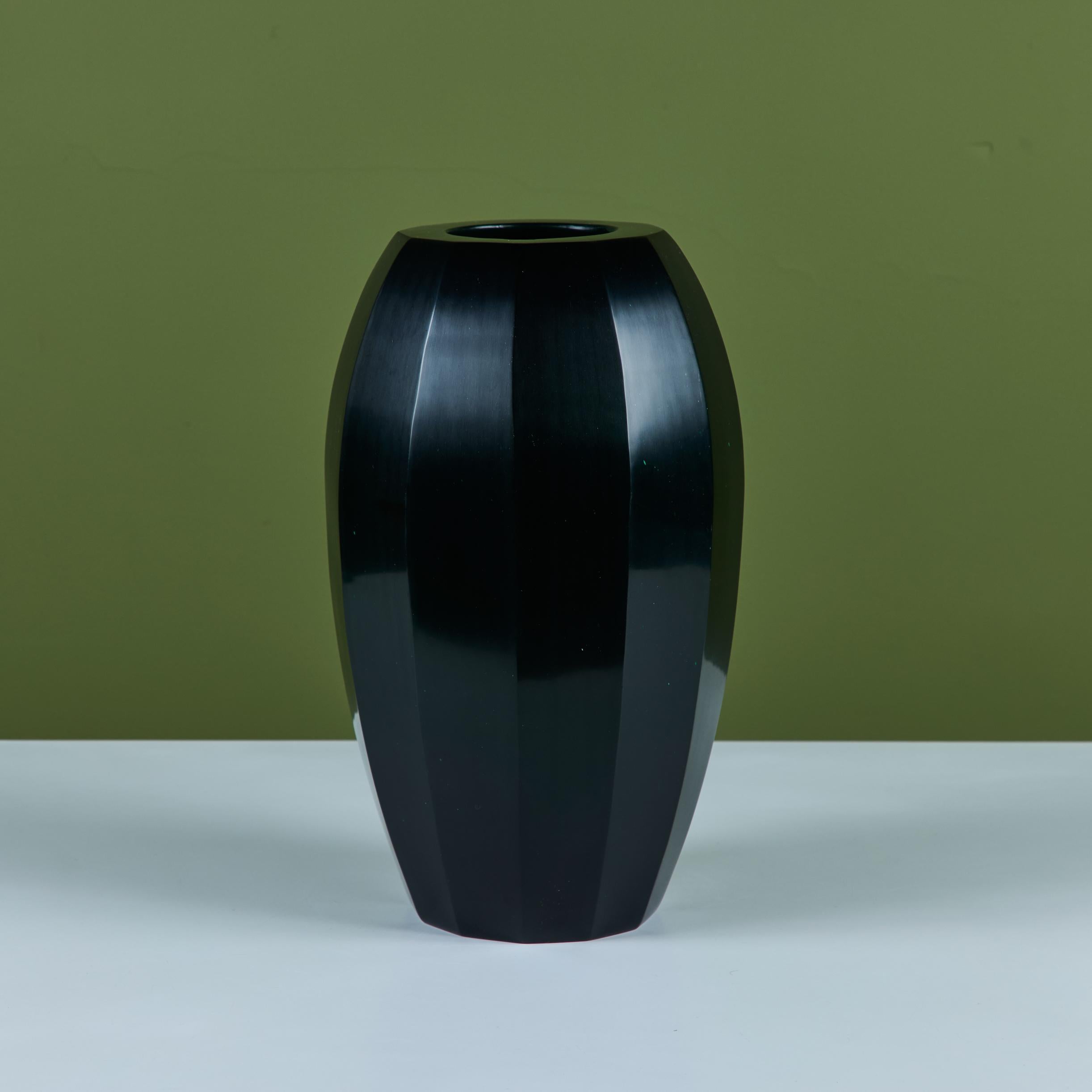Robert Kuo Dark Green Round Facet Vase For Sale 2