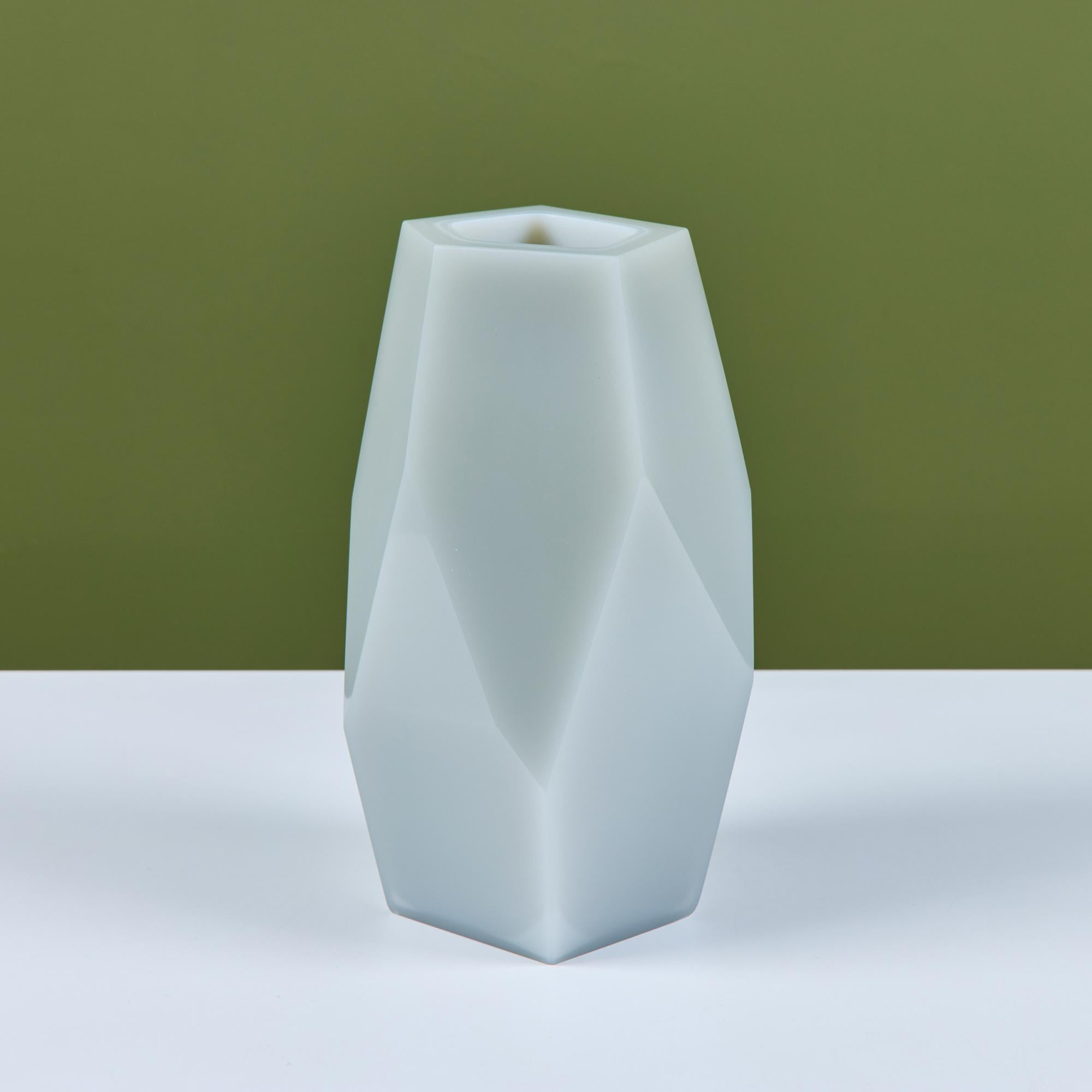 Hand blown glass faceted vase by Robert Kuo, c.2000s, USA. The vase was produced using the peking glass method which originated in China. The gray colored glass is blown into its form and then layered with more and more glass until the piece is