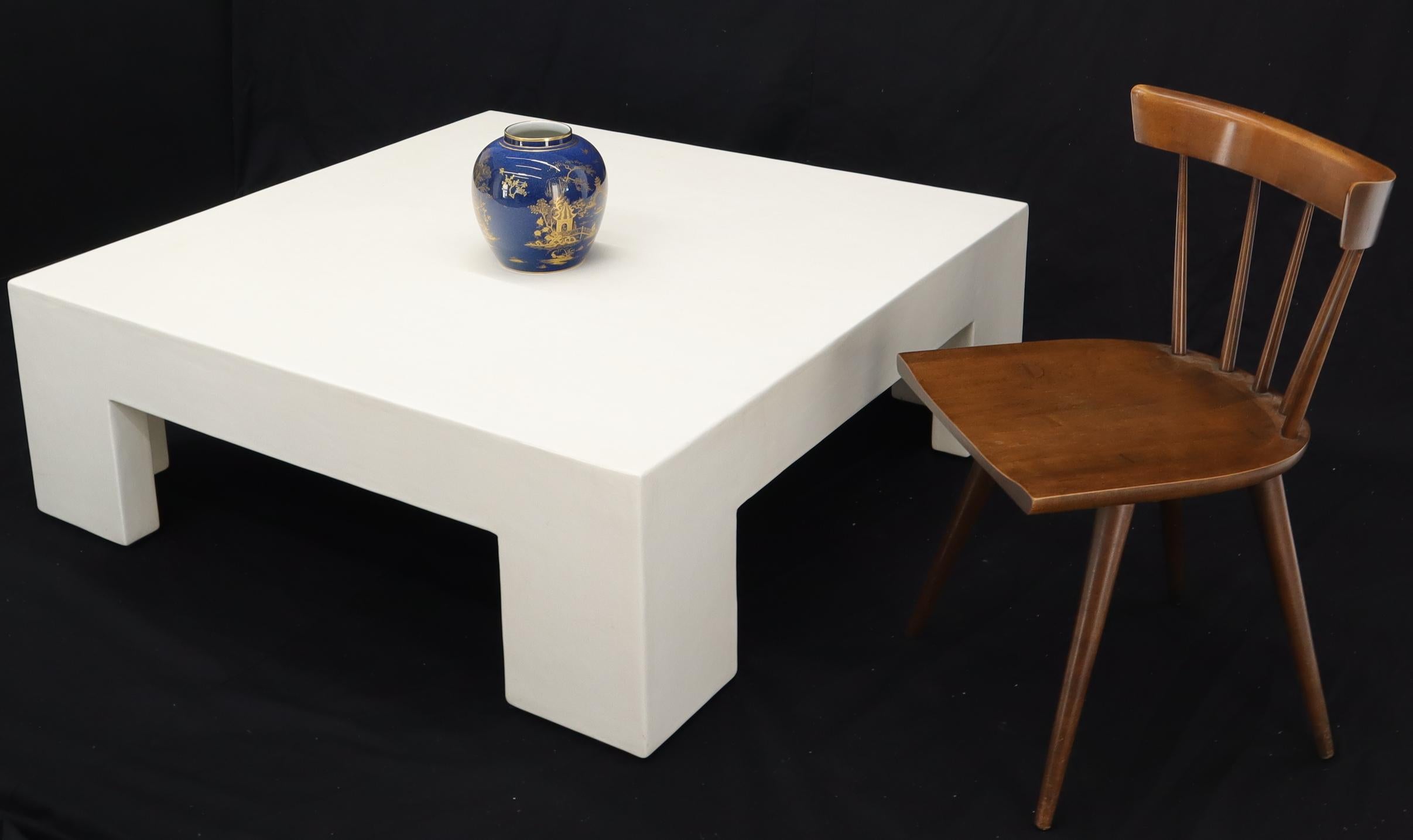 Ultra modern midcentury influence Californian artist large square white enamel lacquer coffee table. Thick white enamel composite like finish.
 