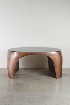 Robert Kuo Repousse Curve Desk Table in Antique Copper and Black Lacquer