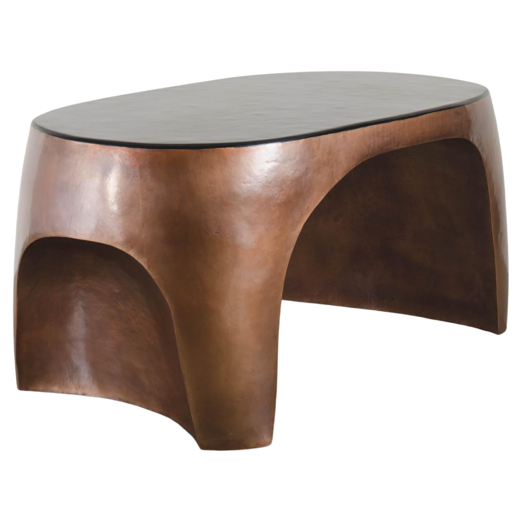 Robert Kuo Repousse Curve Desk Table in Antique Copper and Black Lacquer For Sale