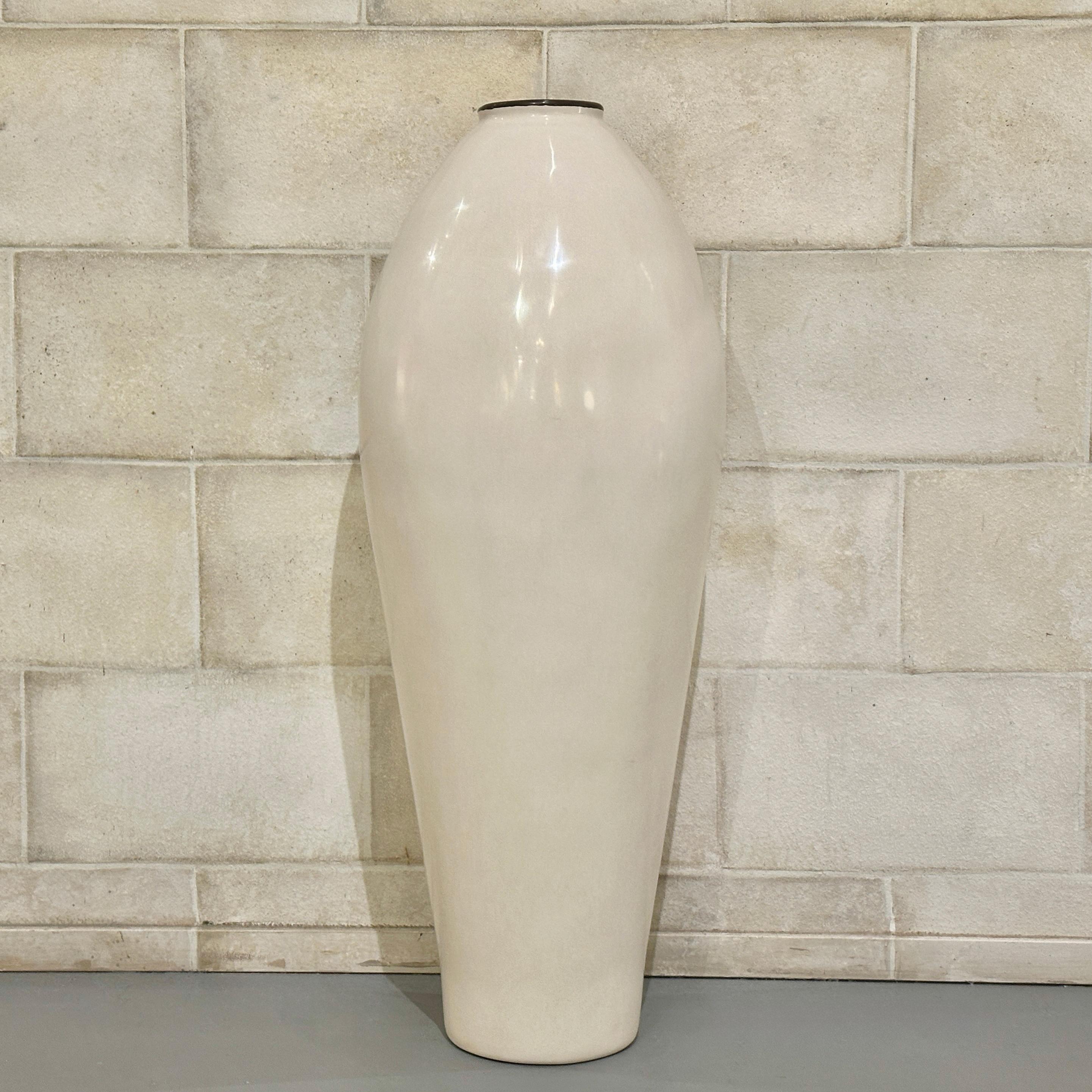Modern Robert Kuo Signed Monumental Cream Lacquer and Copper Liao Floor Vase, ca 2005 For Sale