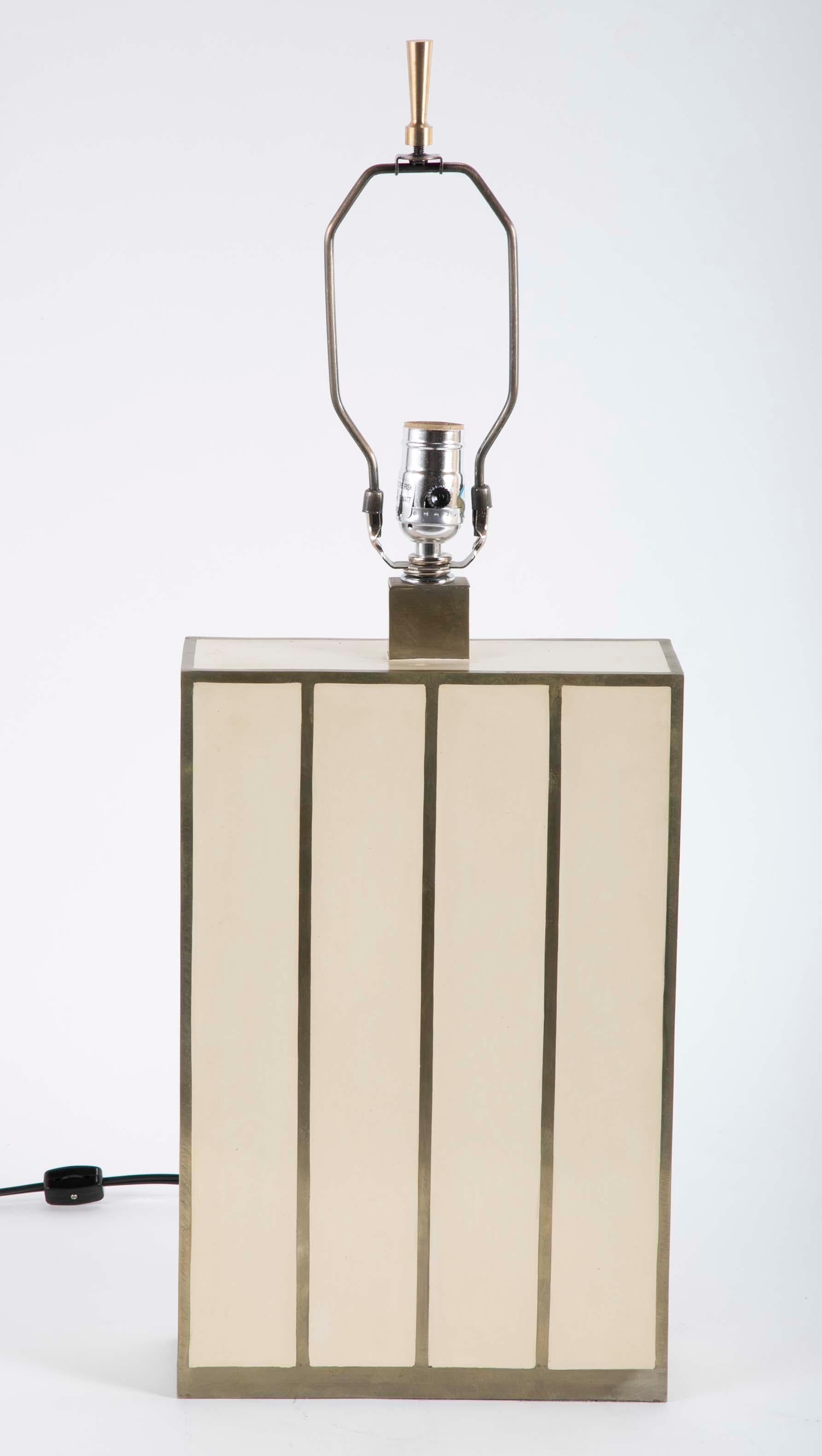 Robert Kuo Table Lamp with Ivory Colored Panels and Brass Banding 2