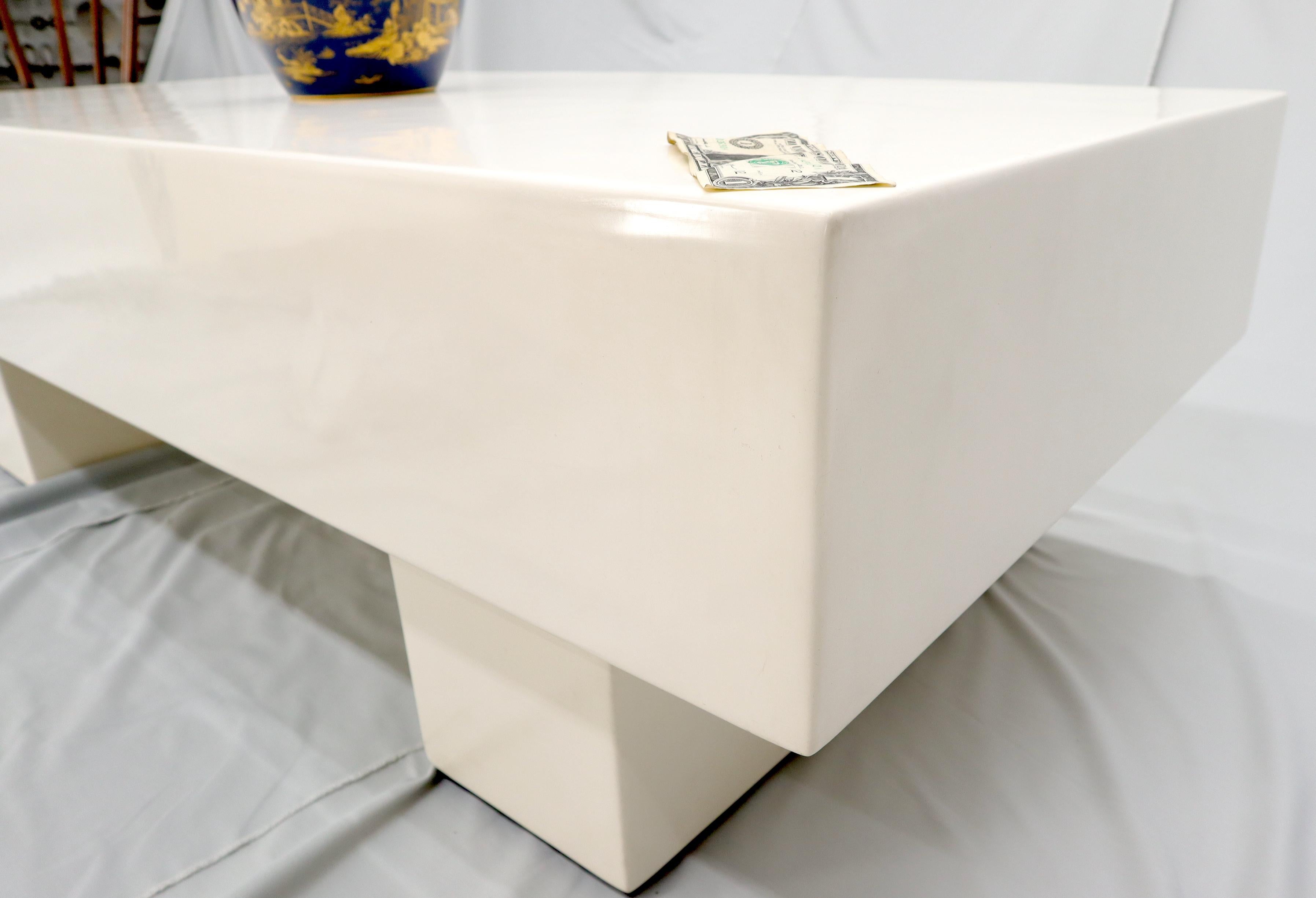 Contemporary Mid Century Modern Double Pedestal Thick Cream Off-White Lacquer Coffee Table For Sale