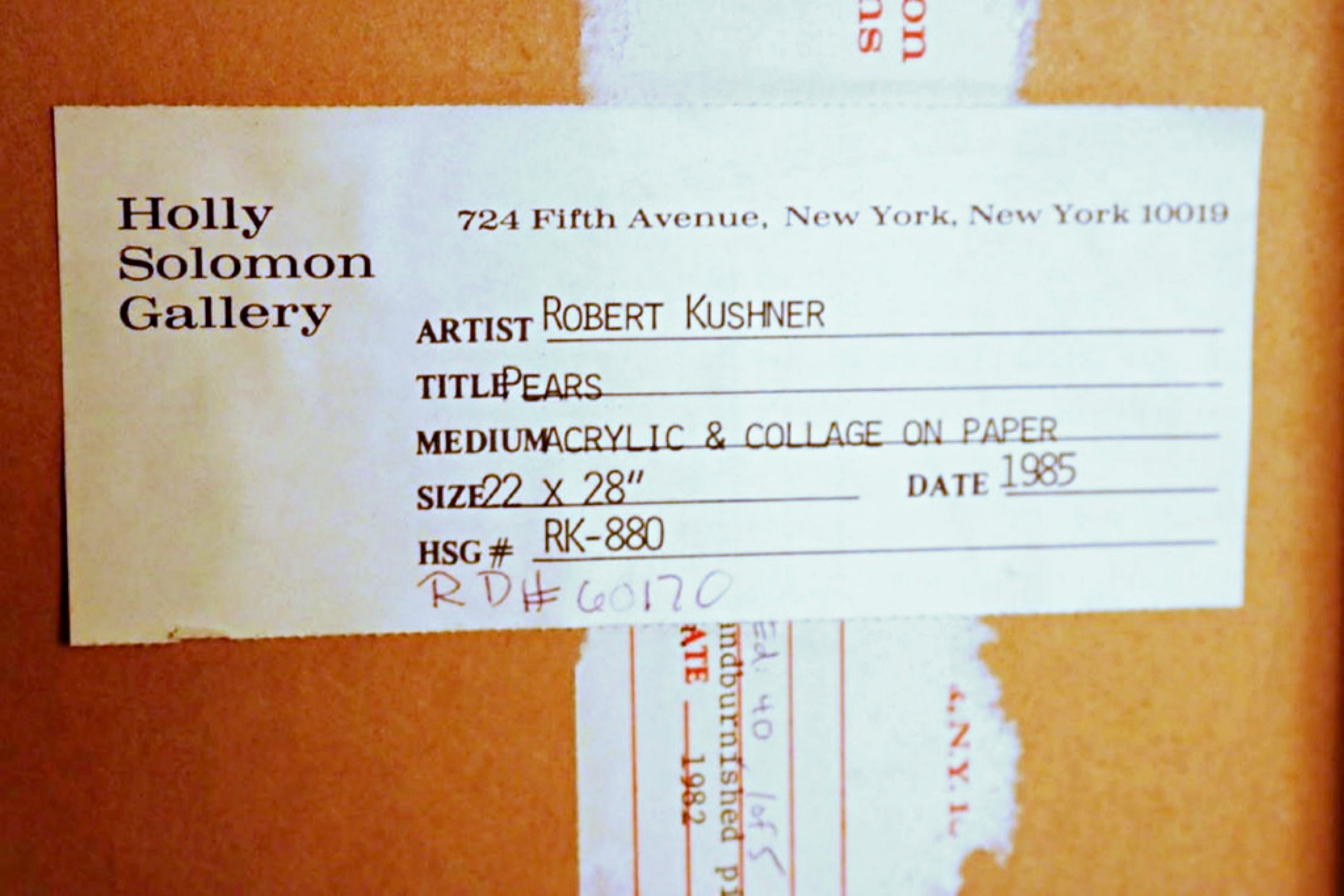 Robert Kushner
Peras, 1985
Acrílico y collage sobre papel; enmarcado con etiqueta de la galería Holly Solomon y etiqueta de la colección de arte Reader's Digest
Firmado y titulado por el artista en el anverso
Se trata de una obra única 
Marco