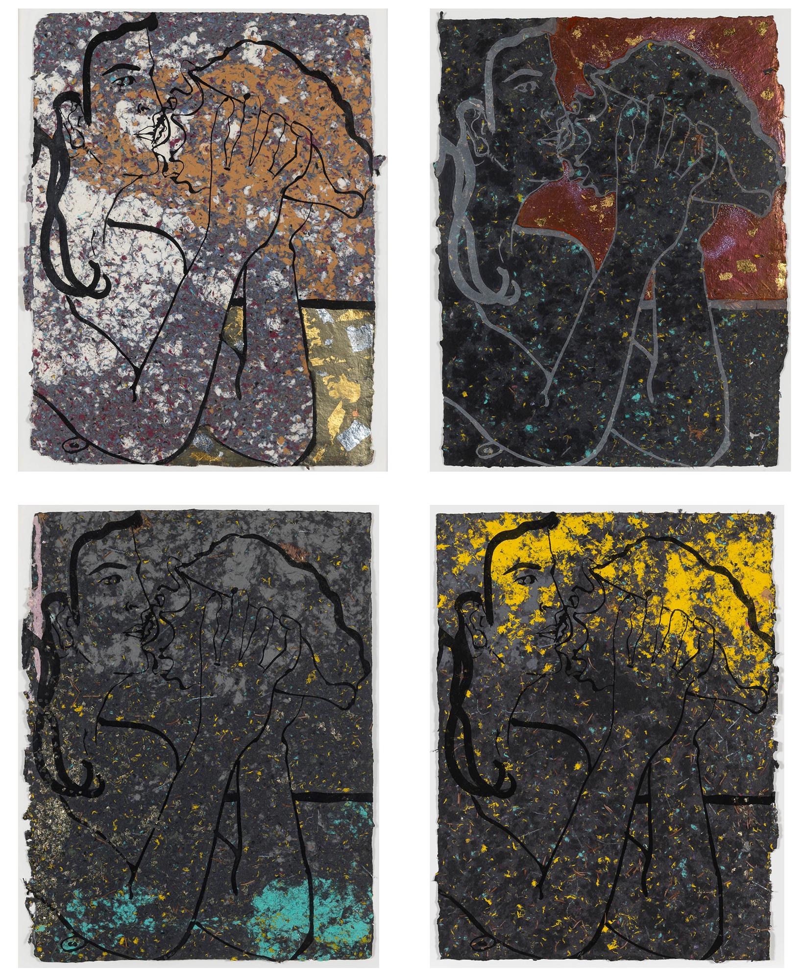  Set von vier konischen abstrakten Farblithographien mit goldenen Flakes 