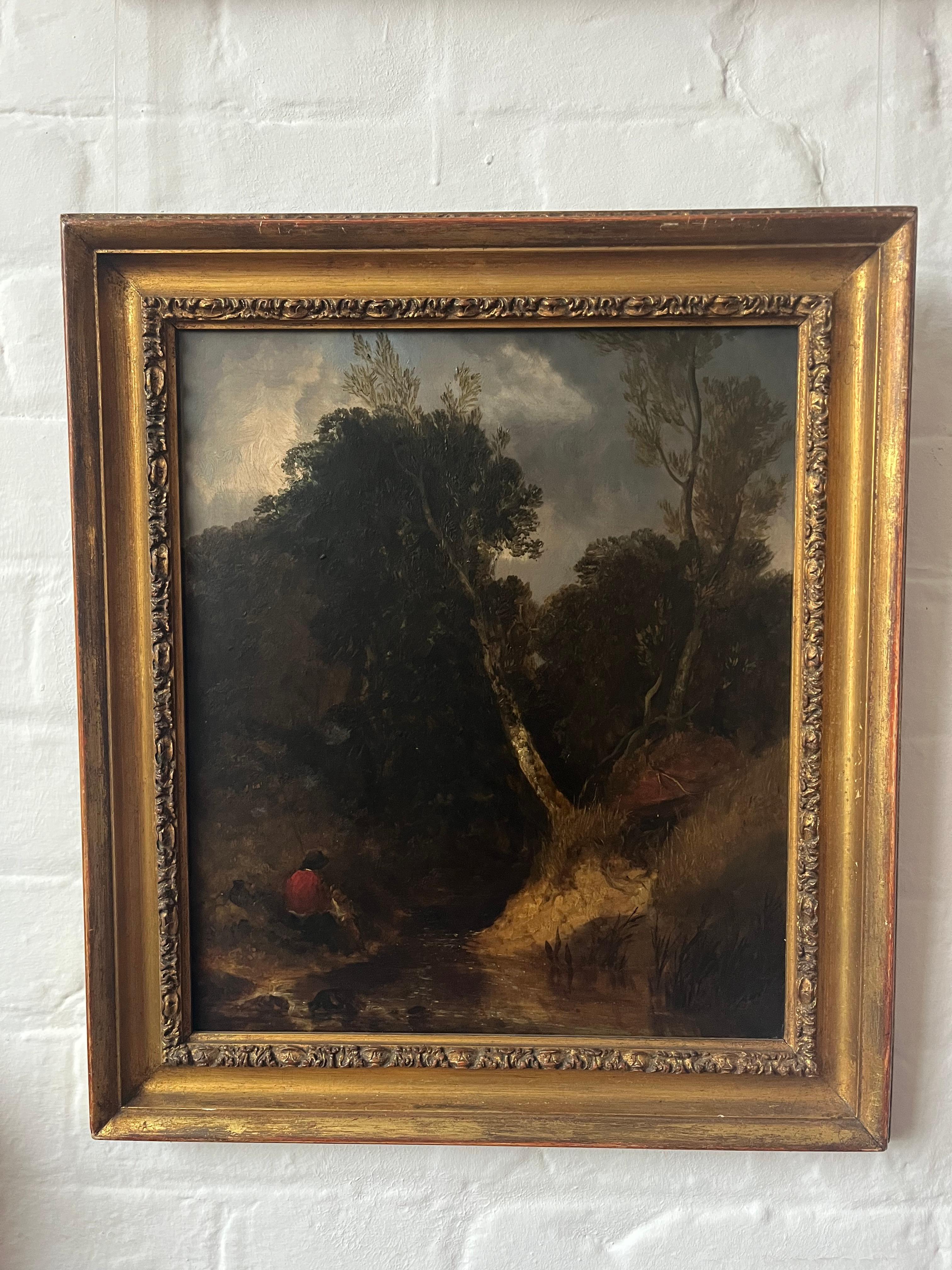 Dipinto a olio della Scuola di Norwich del primo Ottocento con figure in riva a un fiume 5