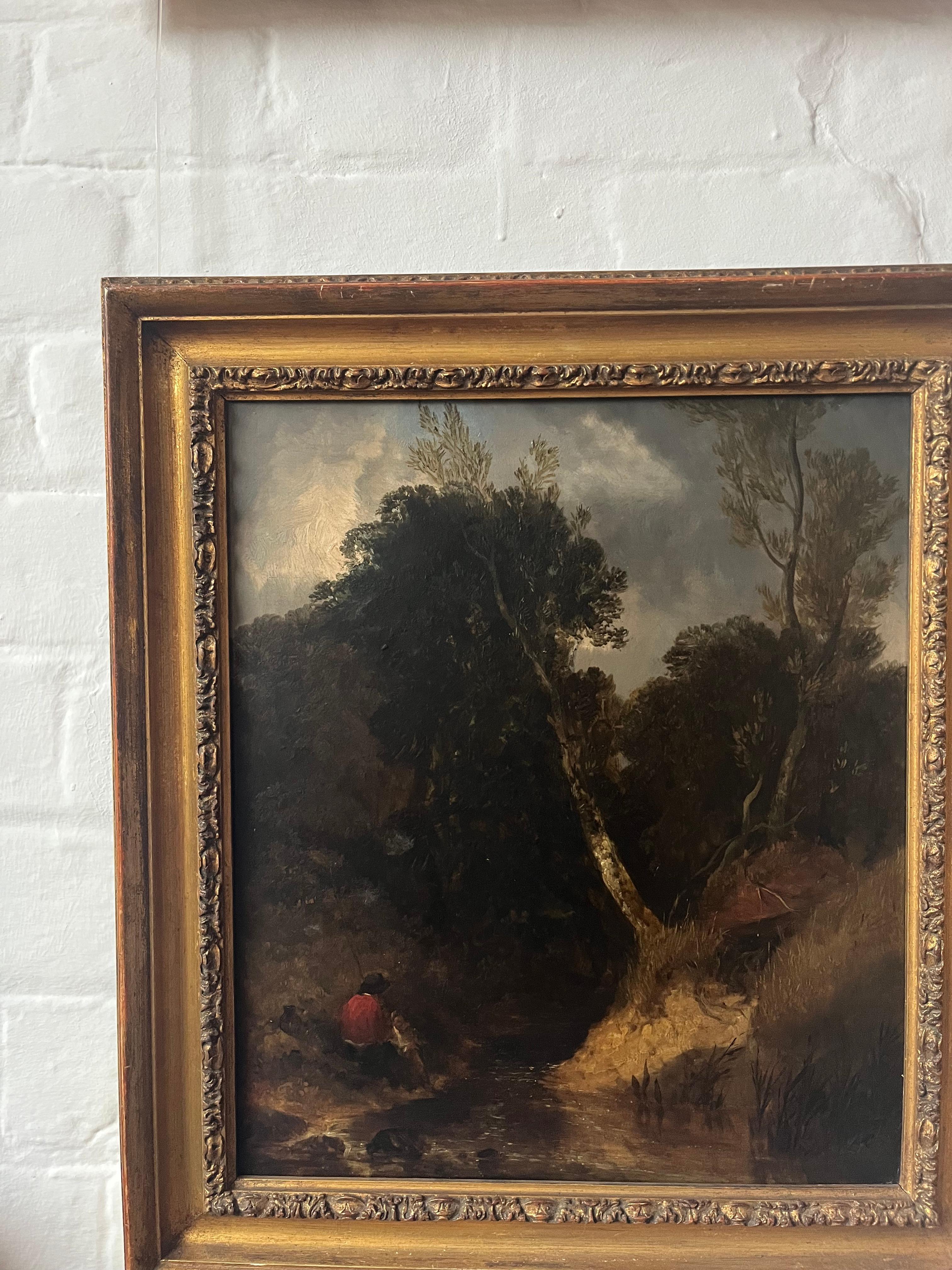Dipinto a olio della Scuola di Norwich del primo Ottocento con figure in riva a un fiume 7