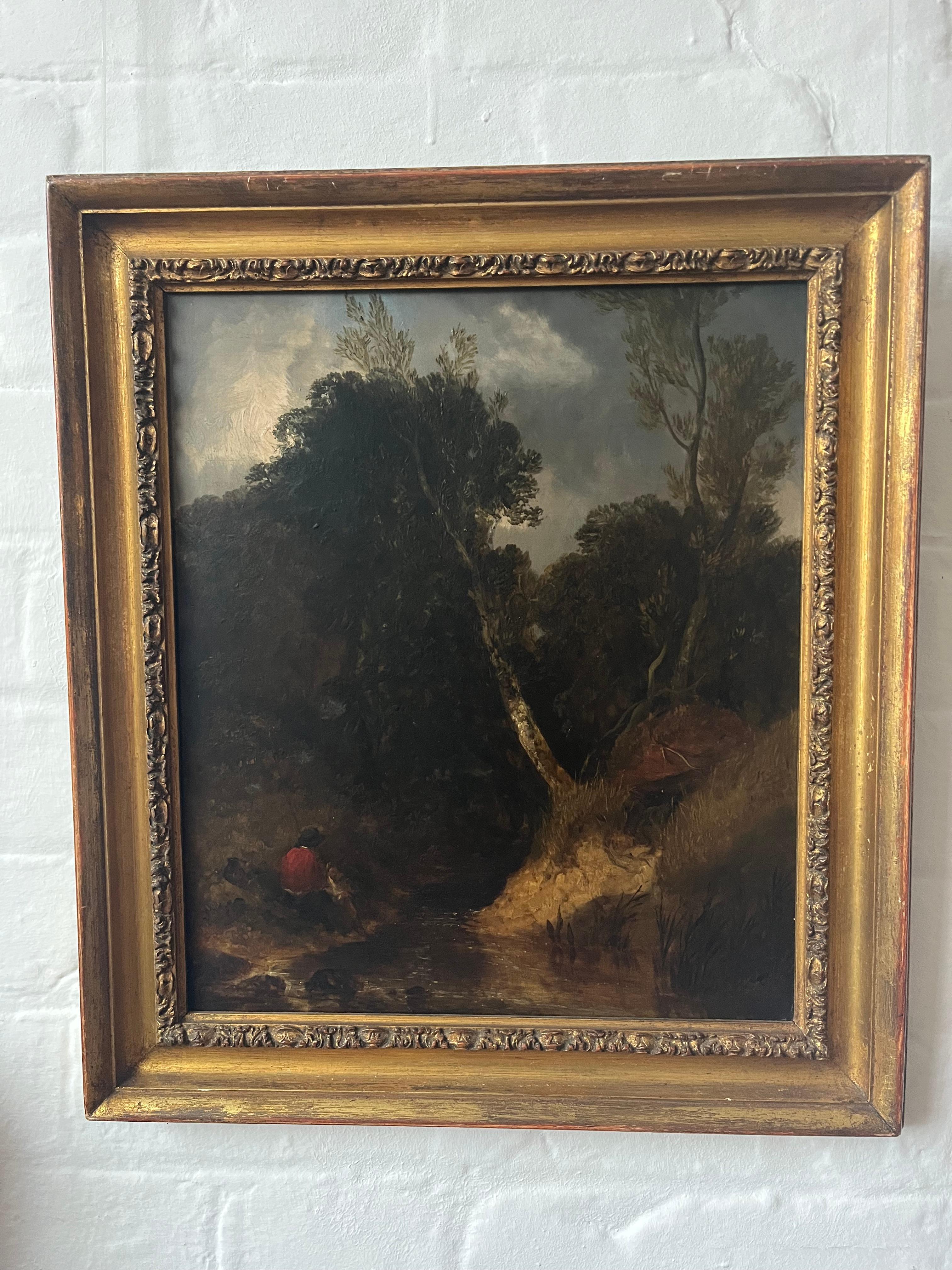 Dipinto a olio della Scuola di Norwich del primo Ottocento con figure in riva a un fiume 10
