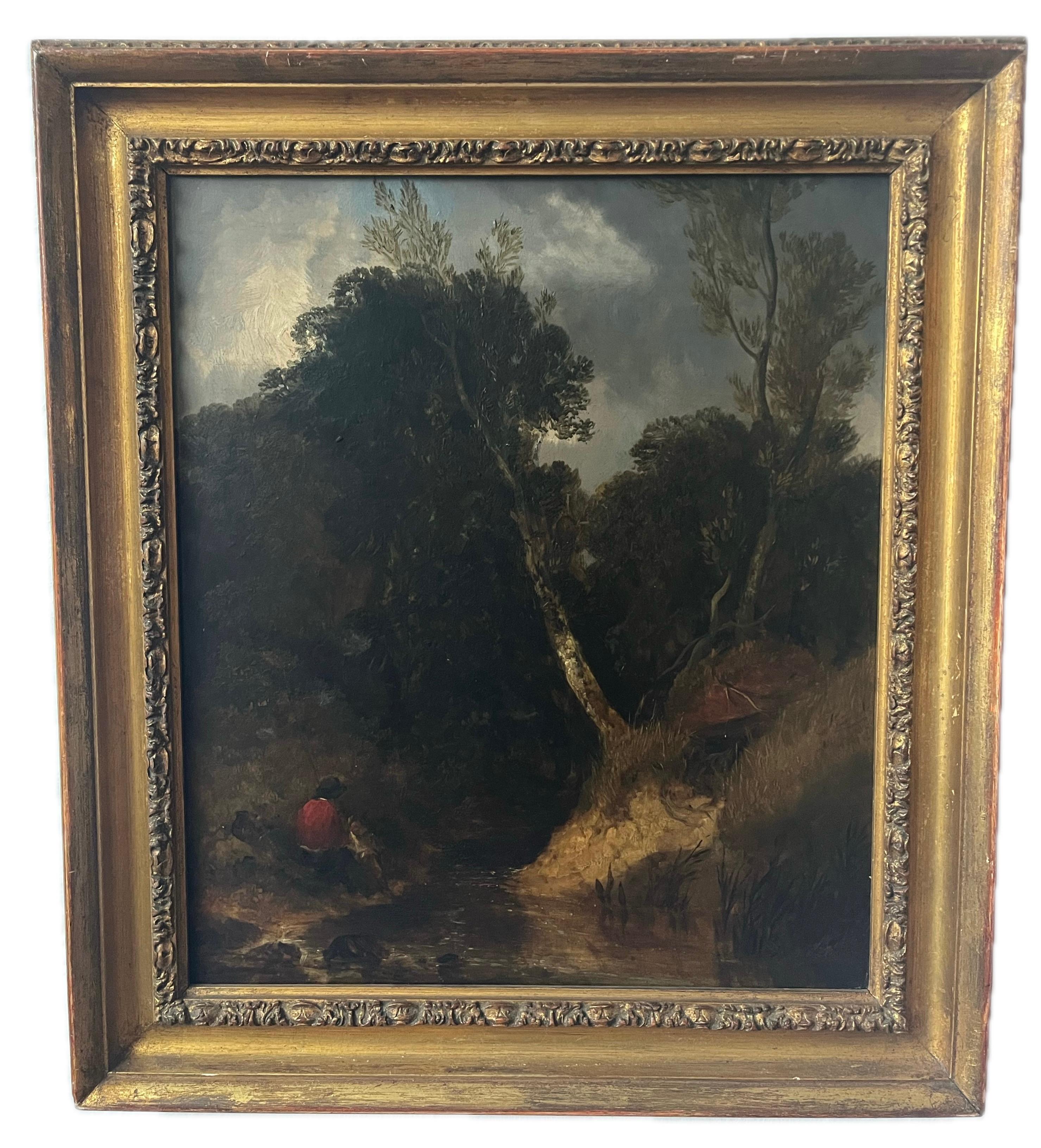 Dipinto a olio della Scuola di Norwich del primo Ottocento con figure in riva a un fiume - Painting di Robert Ladbrooke