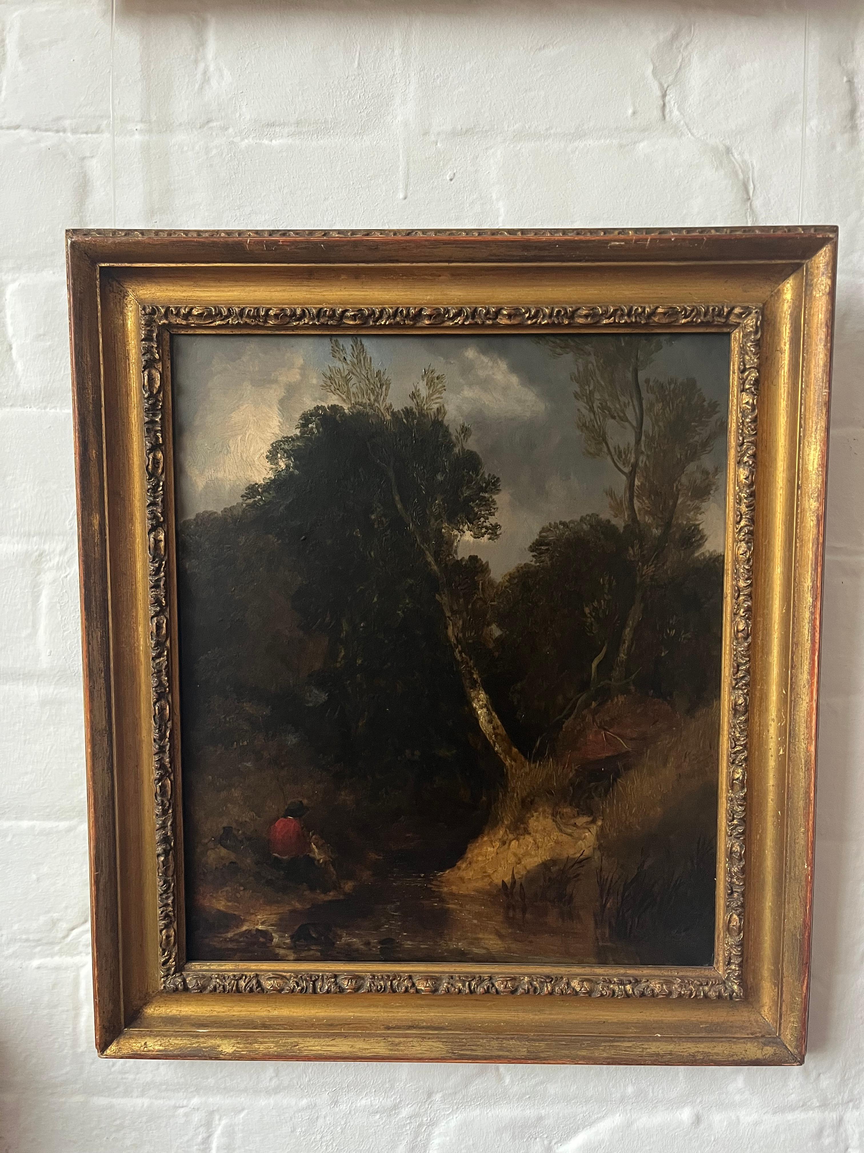 Un dipinto a olio incredibilmente suggestivo che ritrae due figure sedute a chiacchierare in riva a un ruscello. Un'opera rara di questo maestro della pittura inglese del primo Ottocento. Un pezzo molto bello con un'atmosfera da casa di