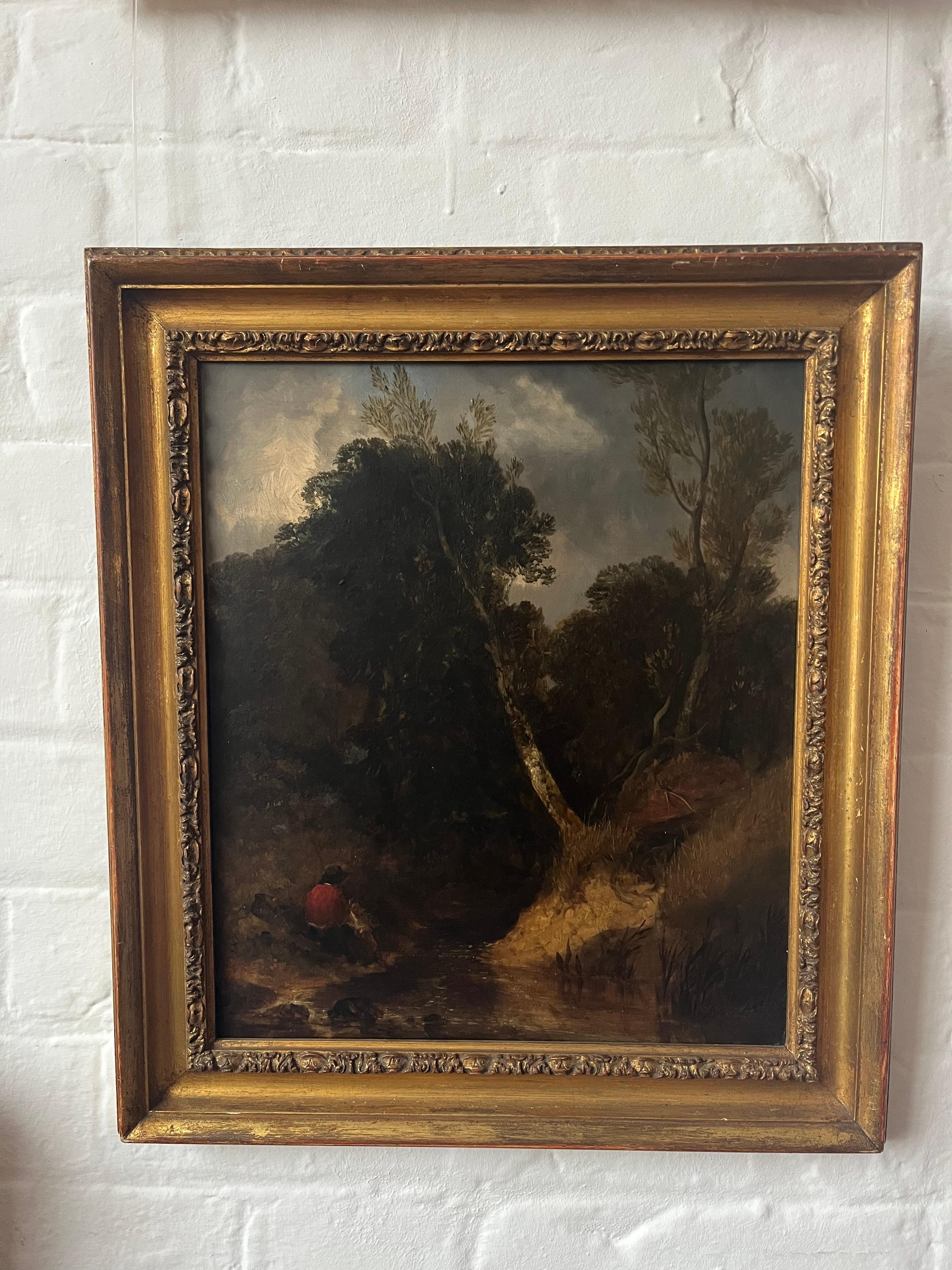 Dipinto a olio della Scuola di Norwich del primo Ottocento con figure in riva a un fiume 2