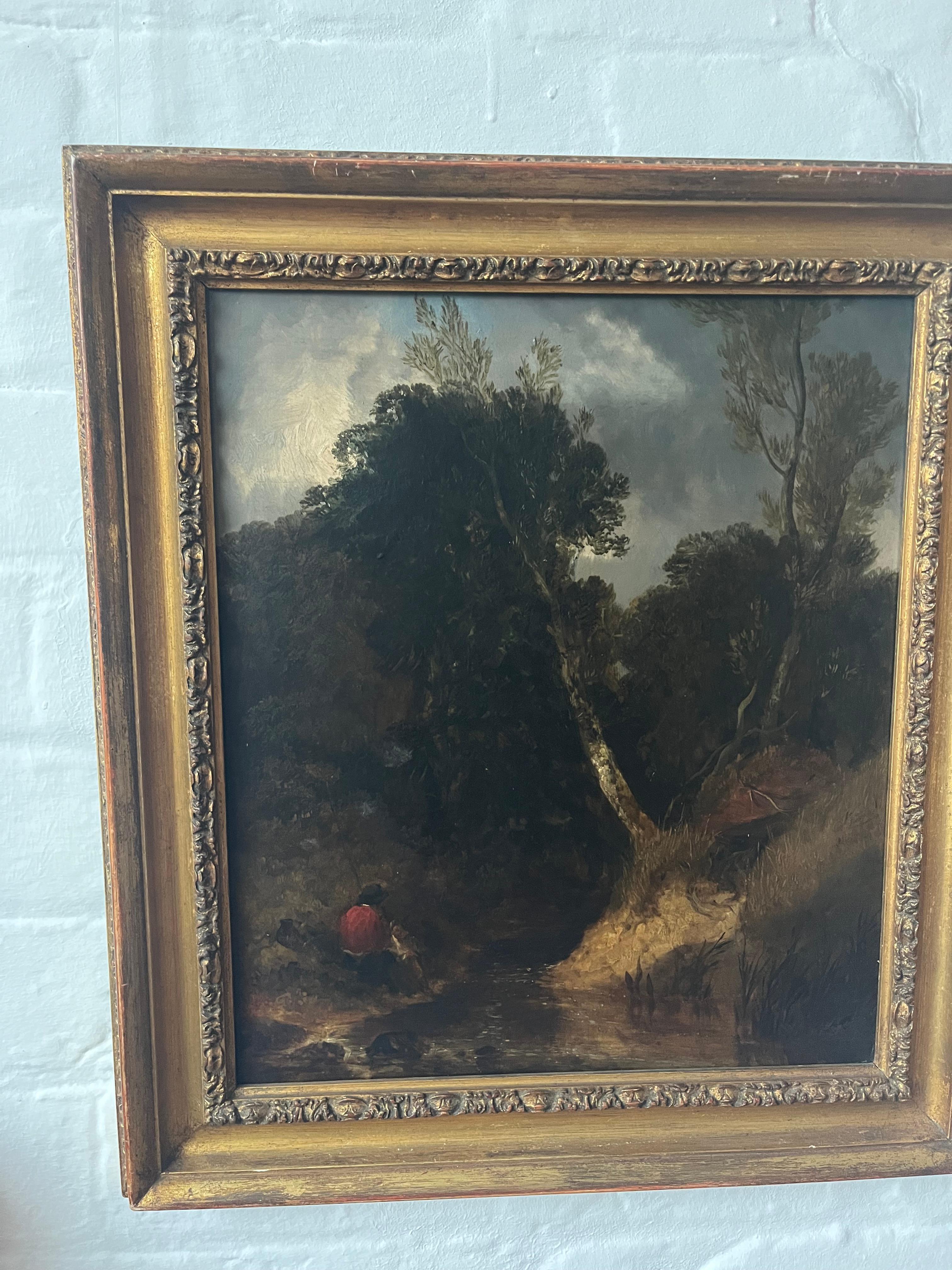 Dipinto a olio della Scuola di Norwich del primo Ottocento con figure in riva a un fiume 3