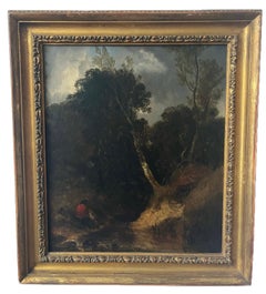 Dipinto a olio della Scuola di Norwich del primo Ottocento con figure in riva a un fiume