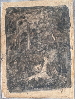 Artist Sketching in the Grey Foggy Woodland Original French Artwork