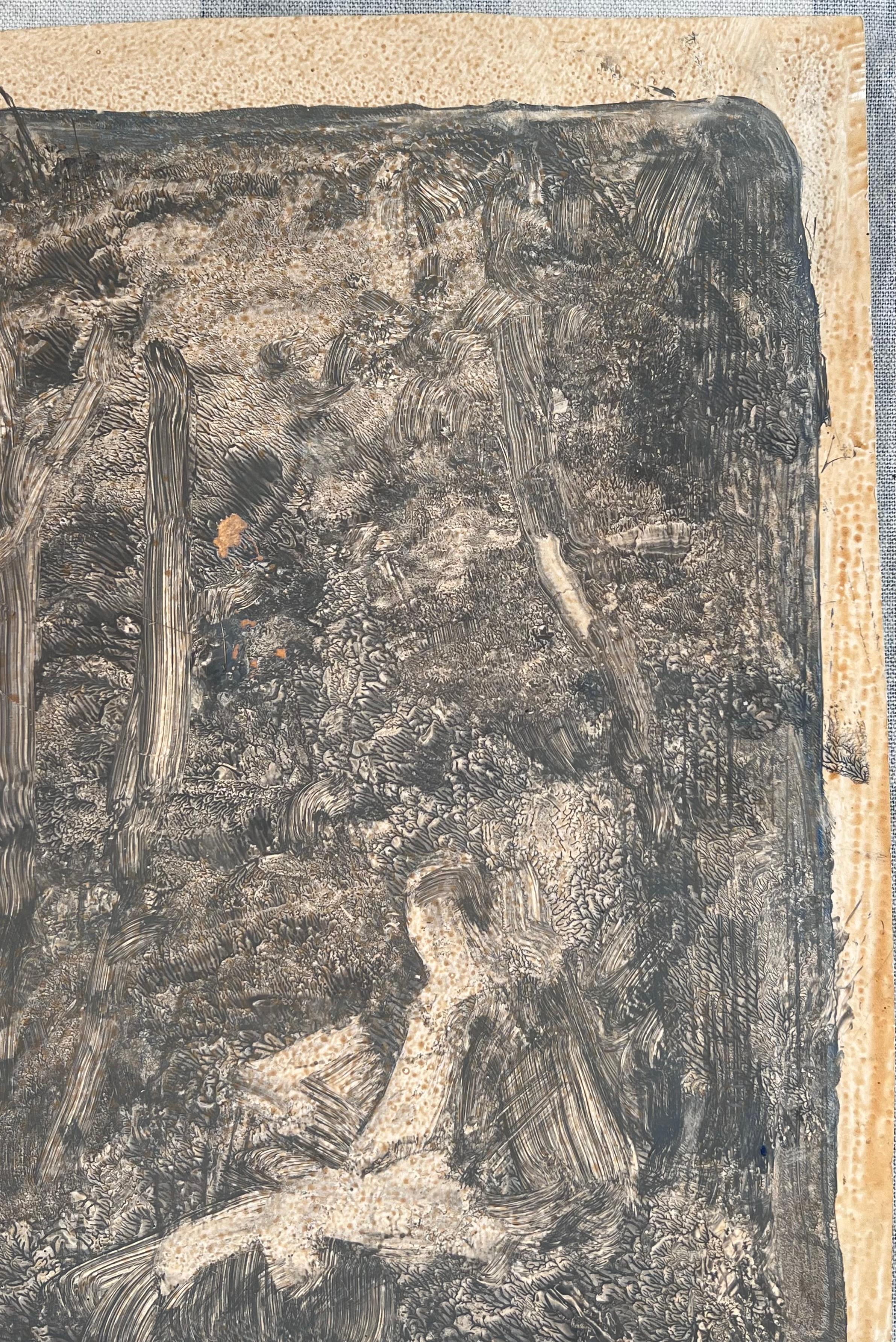 Künstler Skizze in der grauen nebligen Waldland Original Französisch Kunstwerk im Angebot 1