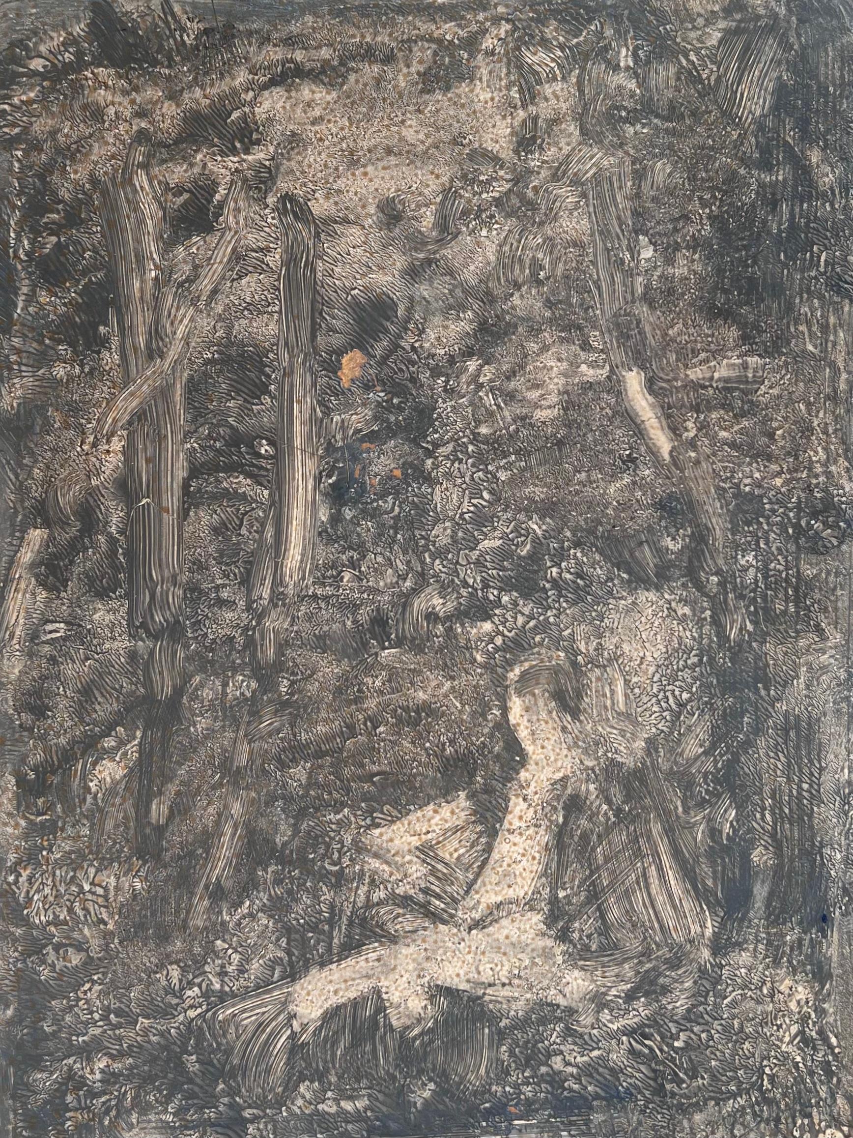 Artist Sketching in the Grey Foggy Woodland Original French Artwork