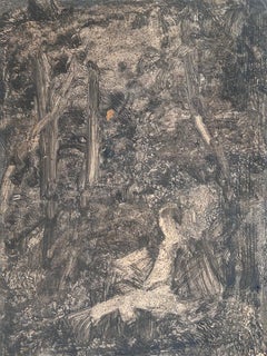 Artista esbozando en el bosque gris brumoso Obra de Arte Original Francesa