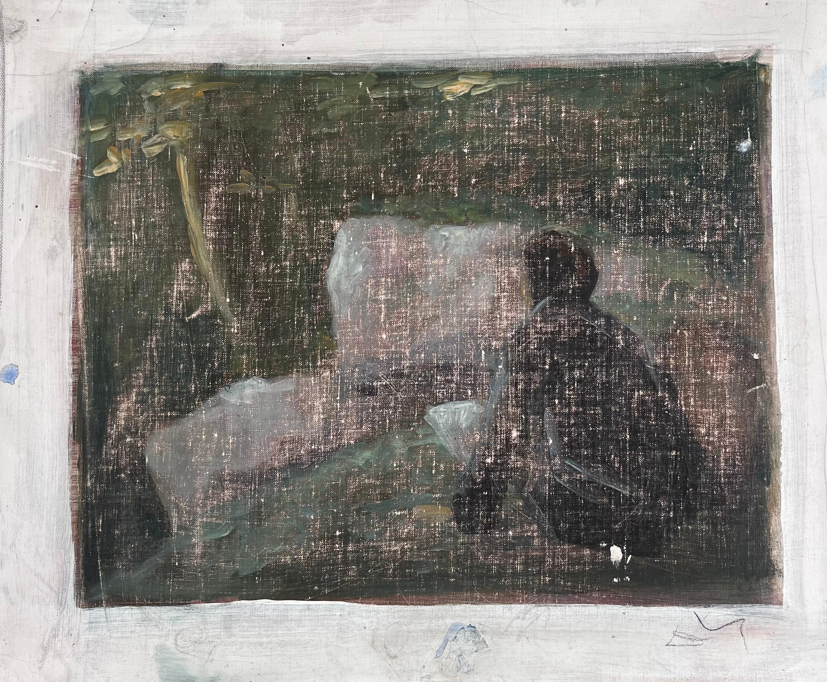 Artist Sketching The Stream In The Woodland Original French Artwork - Painting by Robert Ladou