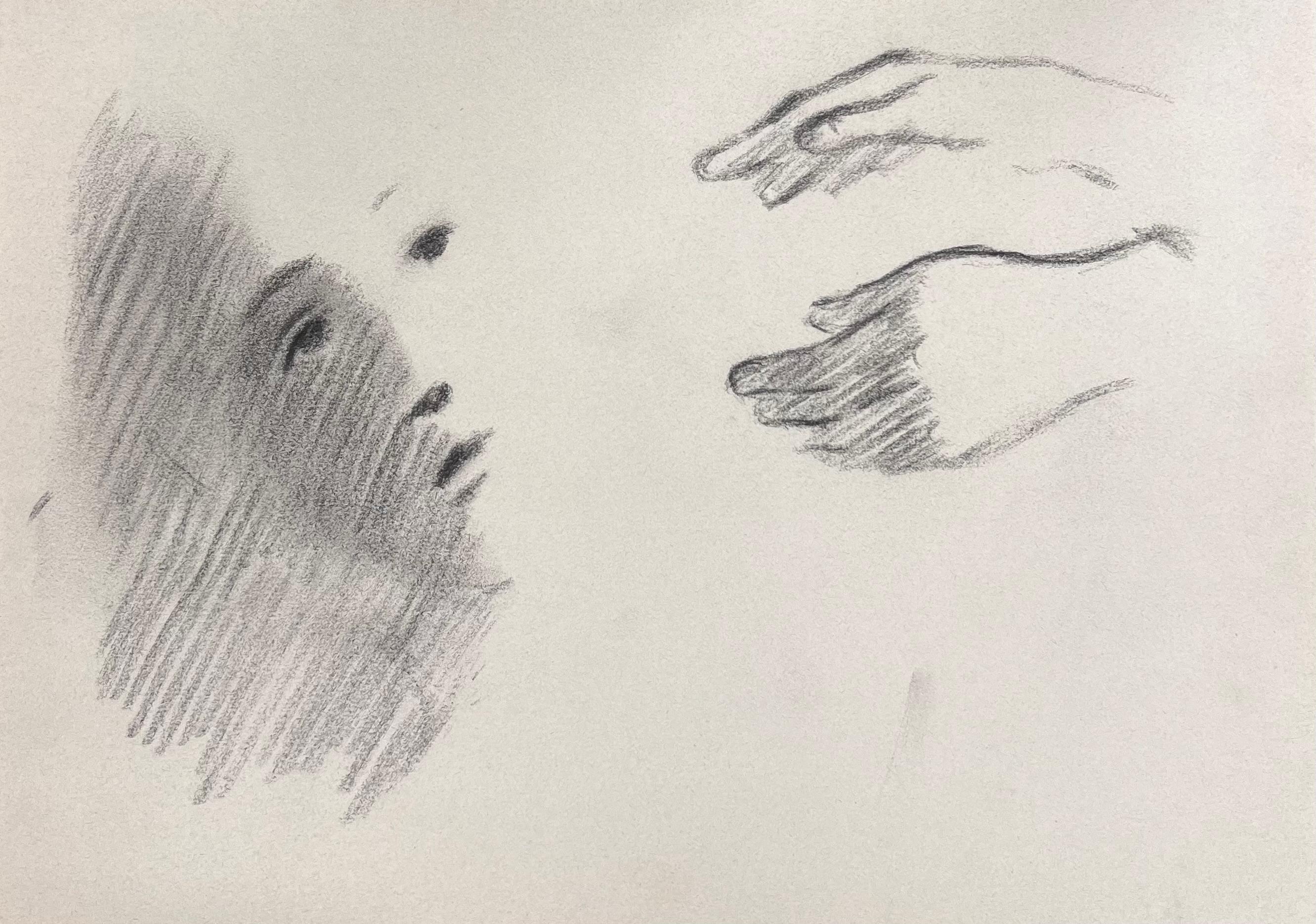 Esquisse au crayon flou d'un visage et de mains Oeuvre d'art originale française