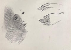 Esquisse au crayon flou d'un visage et de mains Oeuvre d'art originale française