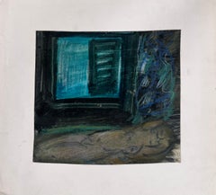 Dunkelgrüne Fensterläden Dunkle Innenlandschaft Original französisches Kunstwerk