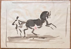 Estudio dinámico en acuarela de un entrenador equino con un caballo