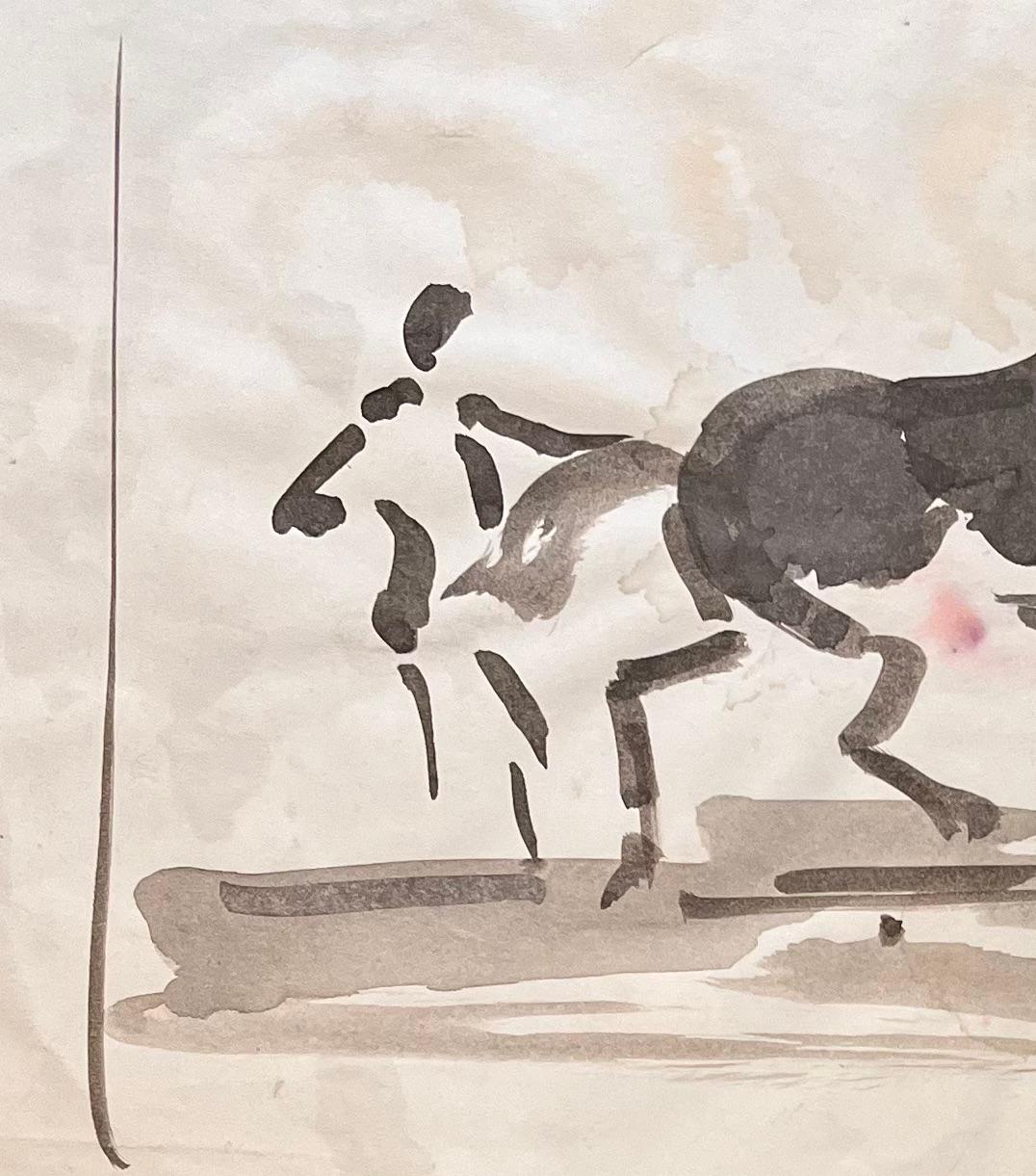 Dynamische Aquarellstudie eines Equine-Turneurs mit einem Pferd (Beige), Animal Painting, von Robert Ladou