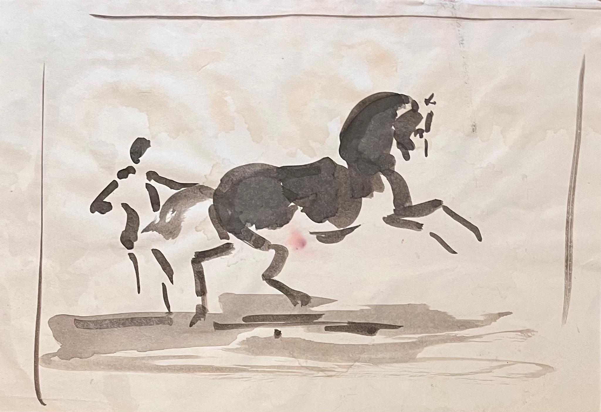 Dynamic Watercolor study of Equine Trainer with a Horse