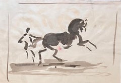 Studio dinamico ad acquerello di un addestratore di cavalli con un cavallo