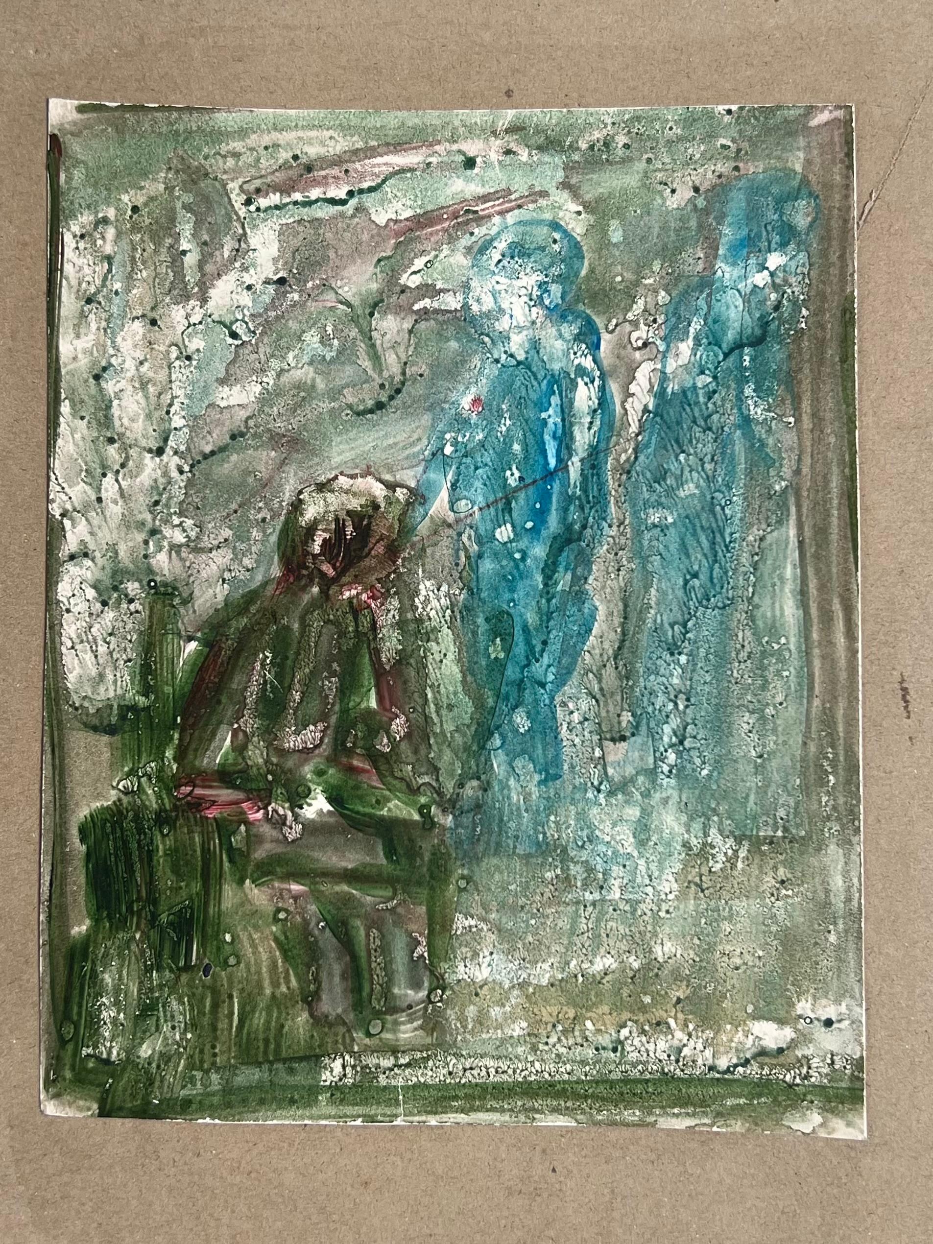 Figure Fly Fishing In Blurry Landscape Original French Artwork - Painting by Robert Ladou