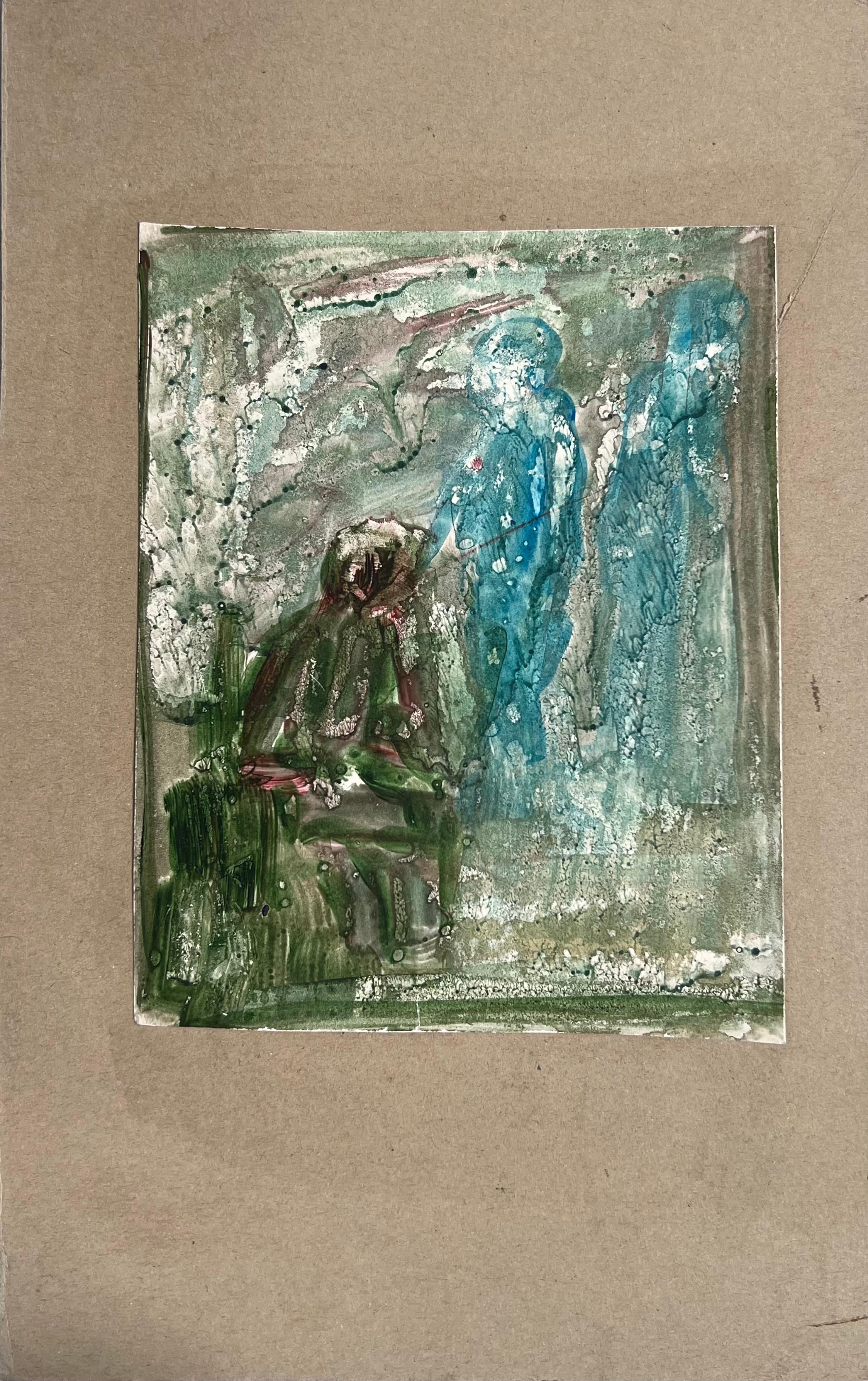 Figure Fly Fishing In Blurry Landscape Original French Artwork - Gray Figurative Painting by Robert Ladou