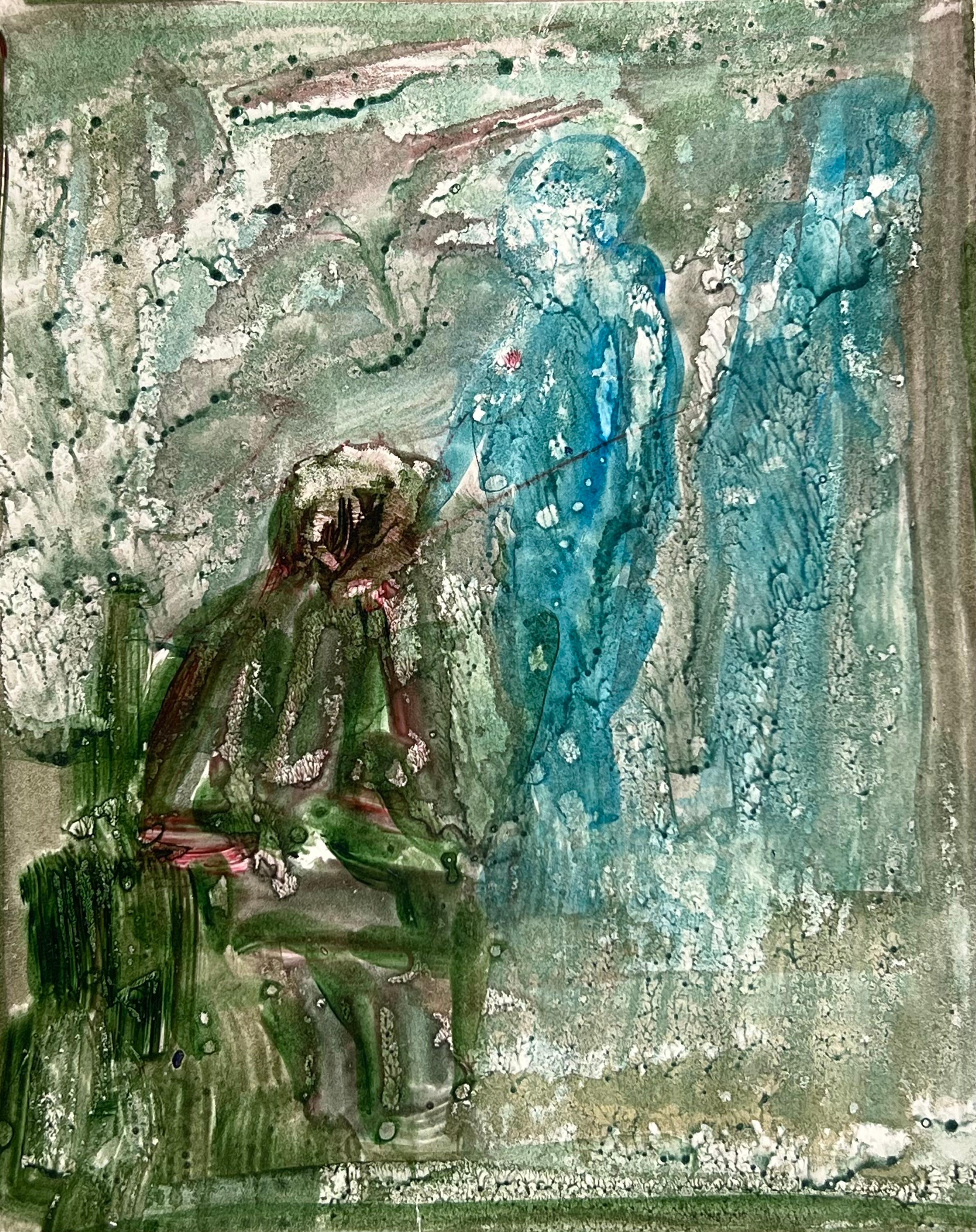 Figure Fly Fishing In Blurry Landscape Original French Artwork
