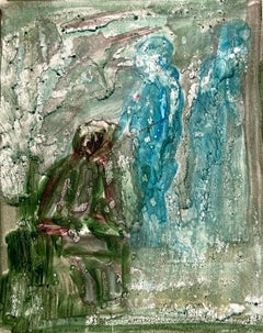Figure Fly Fishing In Blurry Landscape Original French Artwork