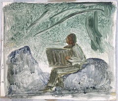 Figure Holding a Box Sat on The Mountain Rocks Original French Artwork
