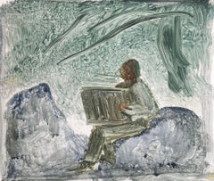 Figure Holding a Box Sat on The Mountain Rocks Original French Artwork