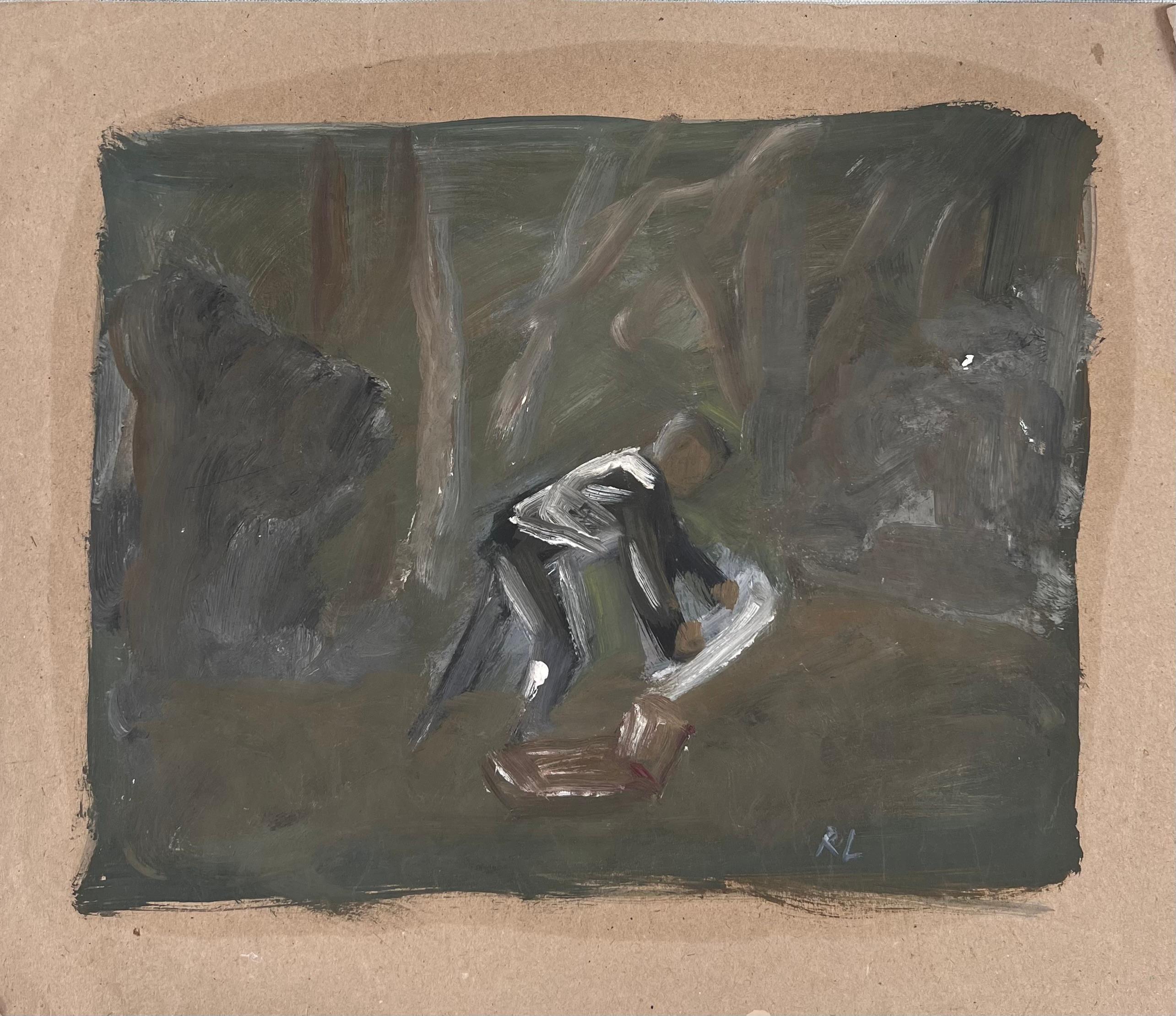 Personnage dans les bois posant sa couverture de pique-nique Original French Artwork - Painting de Robert Ladou