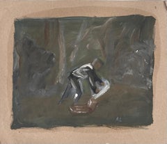 Figura En El Bosque Tendiendo Su Manta De Picnic Obra De Arte Original Francesa