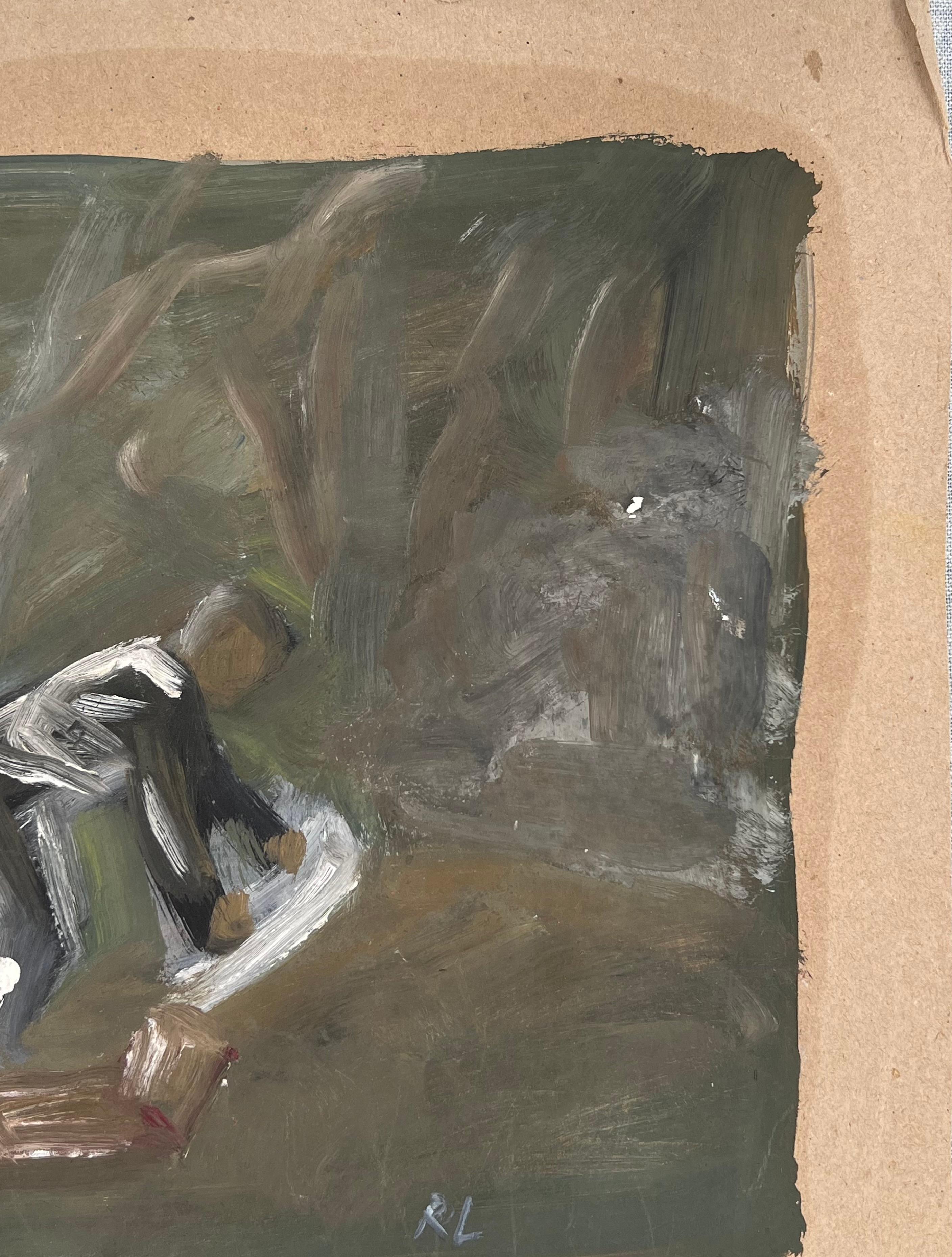 Personnage dans les bois posant sa couverture de pique-nique Original French Artwork - Gris Figurative Painting par Robert Ladou