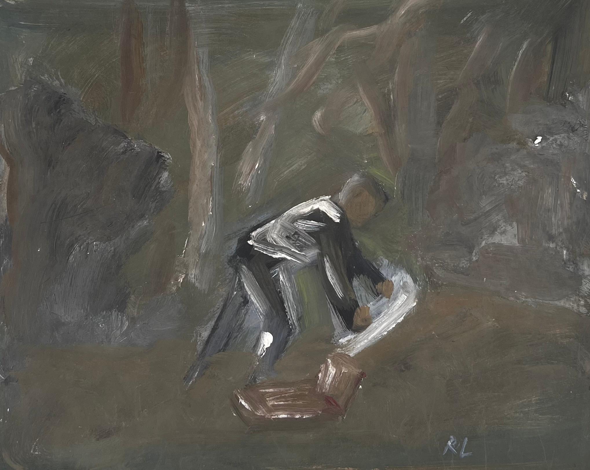Figure In The Woods Laying Down His Picnic Blanket Original French Artwork
