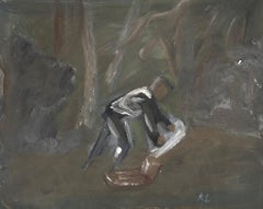 Figure In The Woods Laying Down His Picnic Blanket Original French Artwork