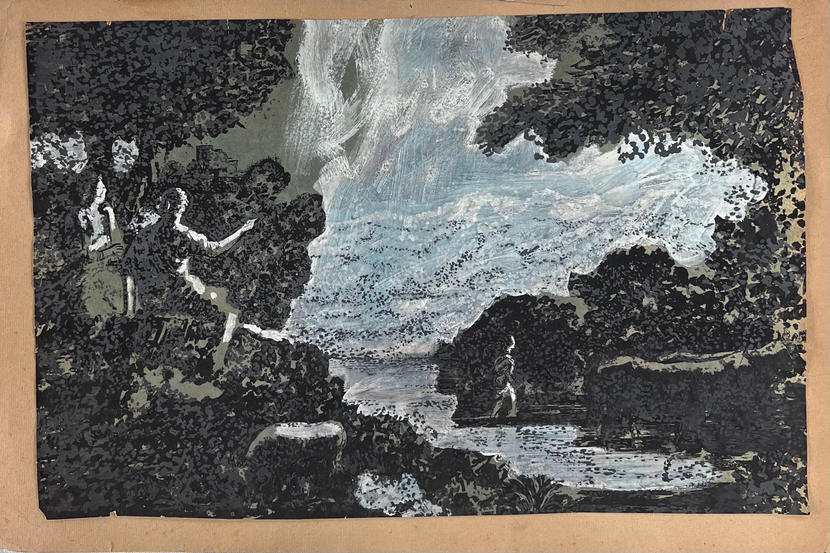 Figur, die auf den Wasserfall zeigt, fließender Strom Original-Französisch Kunstwerk – Painting von Robert Ladou