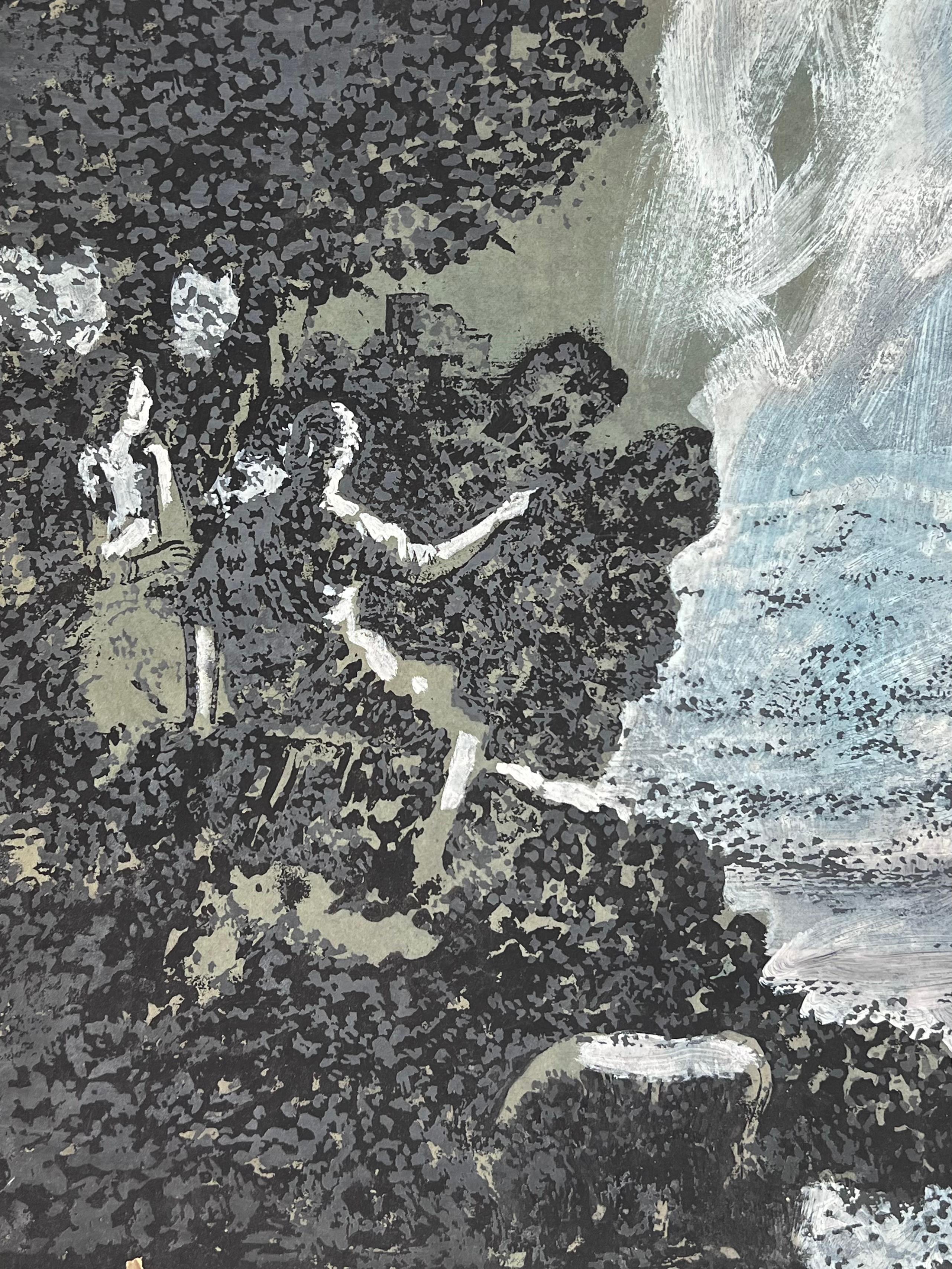 Figur, die auf den Wasserfall zeigt, fließender Strom Original-Französisch Kunstwerk (Schwarz), Landscape Painting, von Robert Ladou