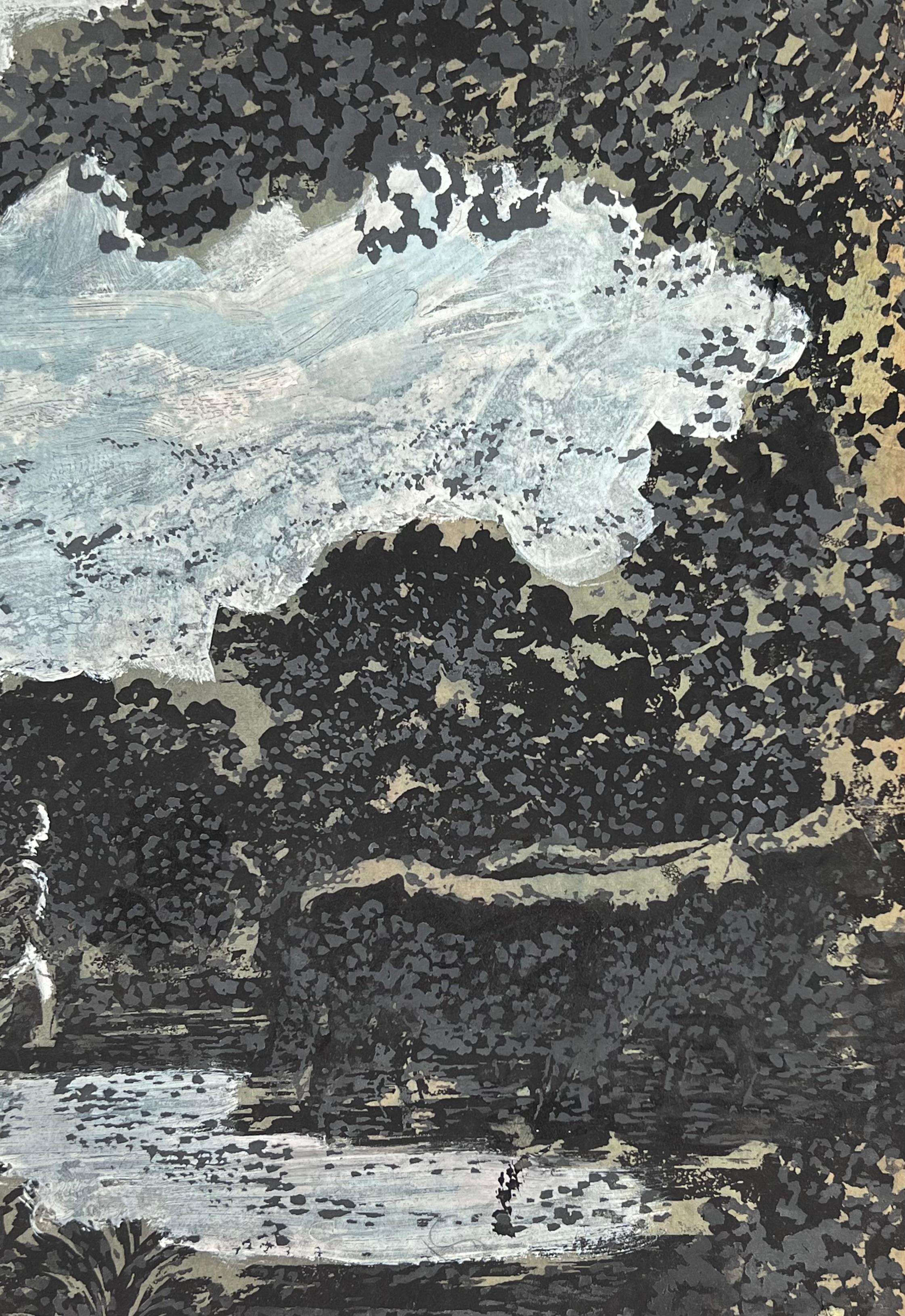 Figur, die auf den Wasserfall zeigt, fließender Strom Original-Französisch Kunstwerk im Angebot 1