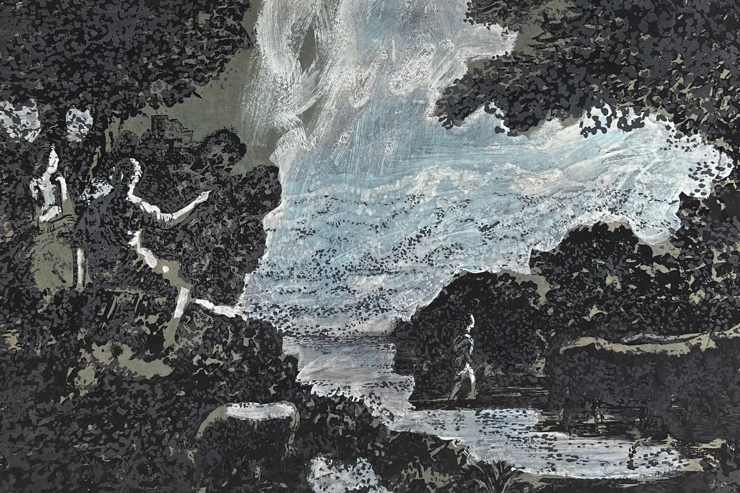 Figur, die auf den Wasserfall zeigt, fließender Strom Original-Französisch Kunstwerk im Angebot 2