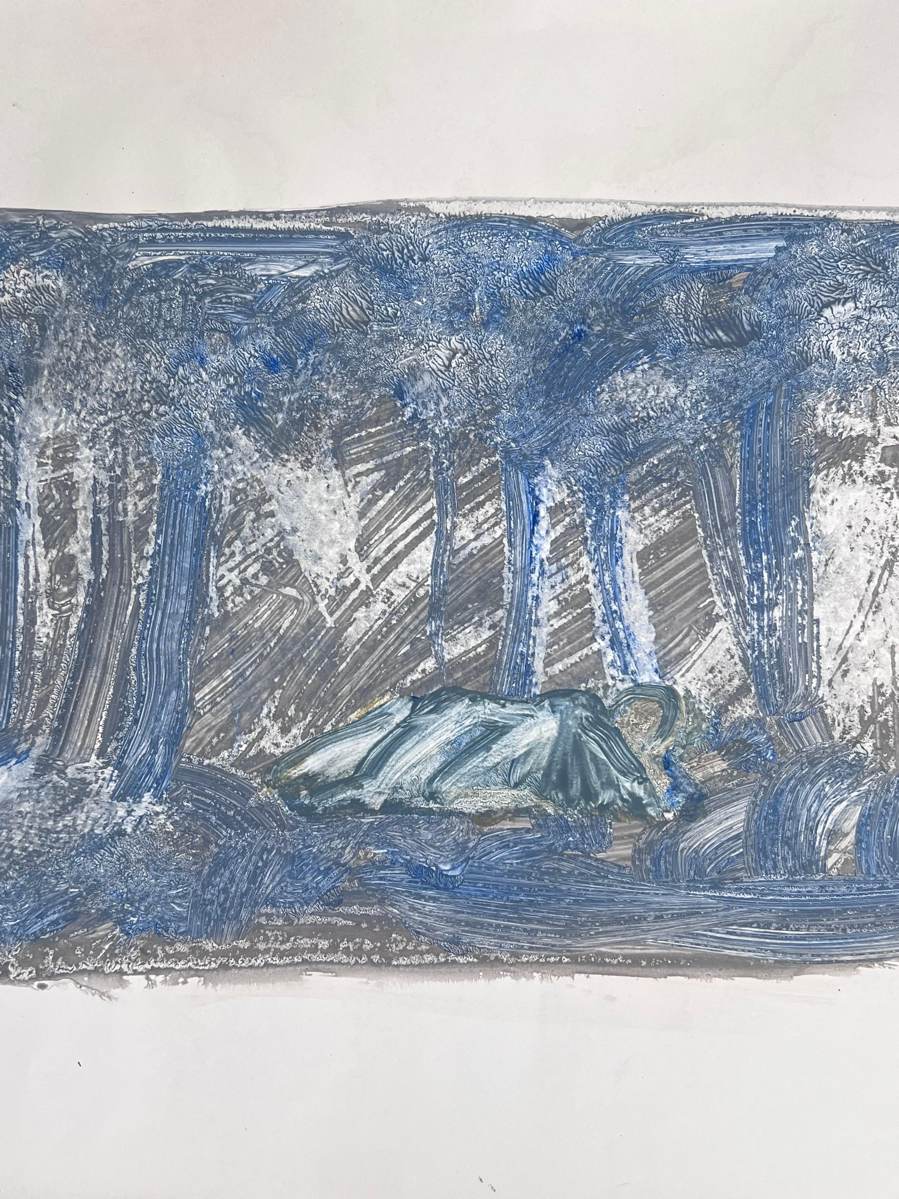 Figure Sleeping Under The Blue Woodland Landscape Original French Artwork For Sale 1