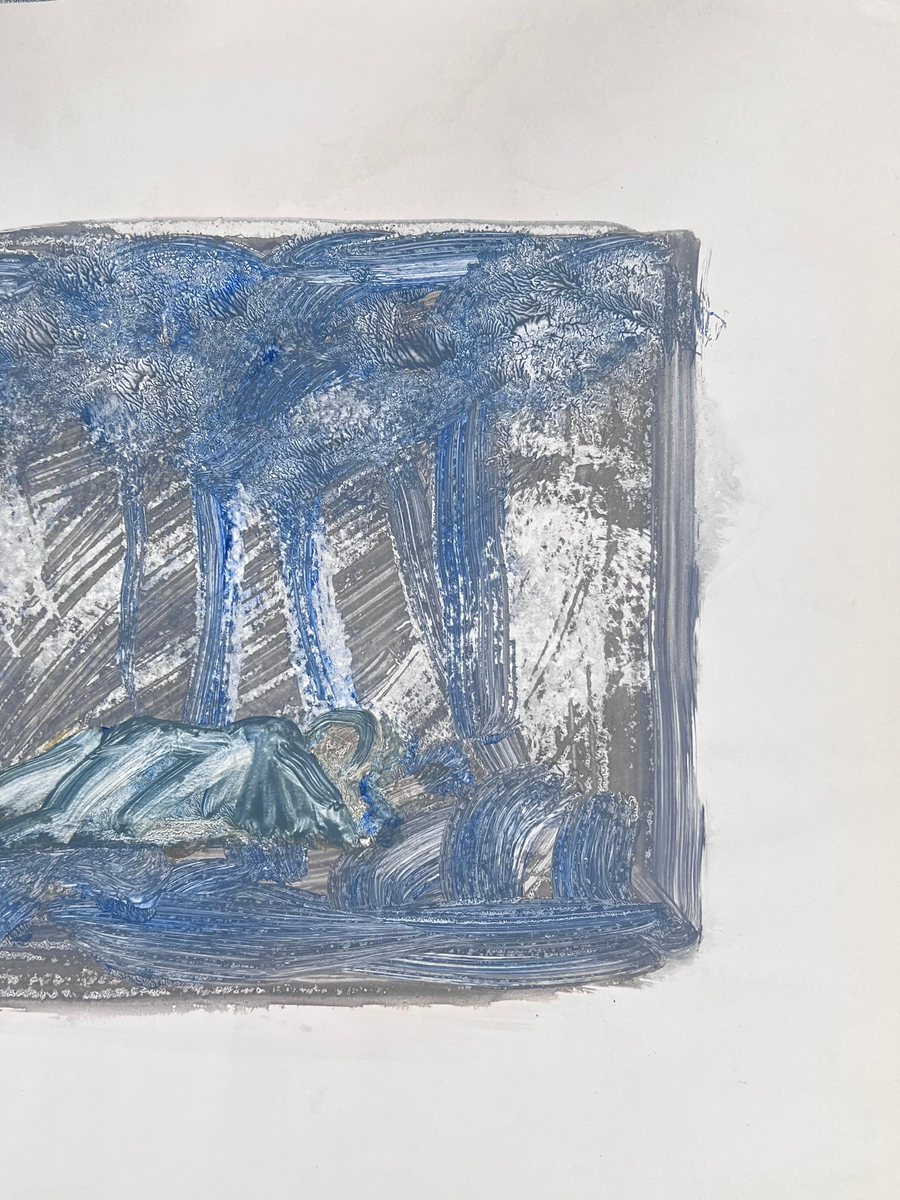 Figure Sleeping Under The Blue Woodland Landscape Original French Artwork For Sale 2