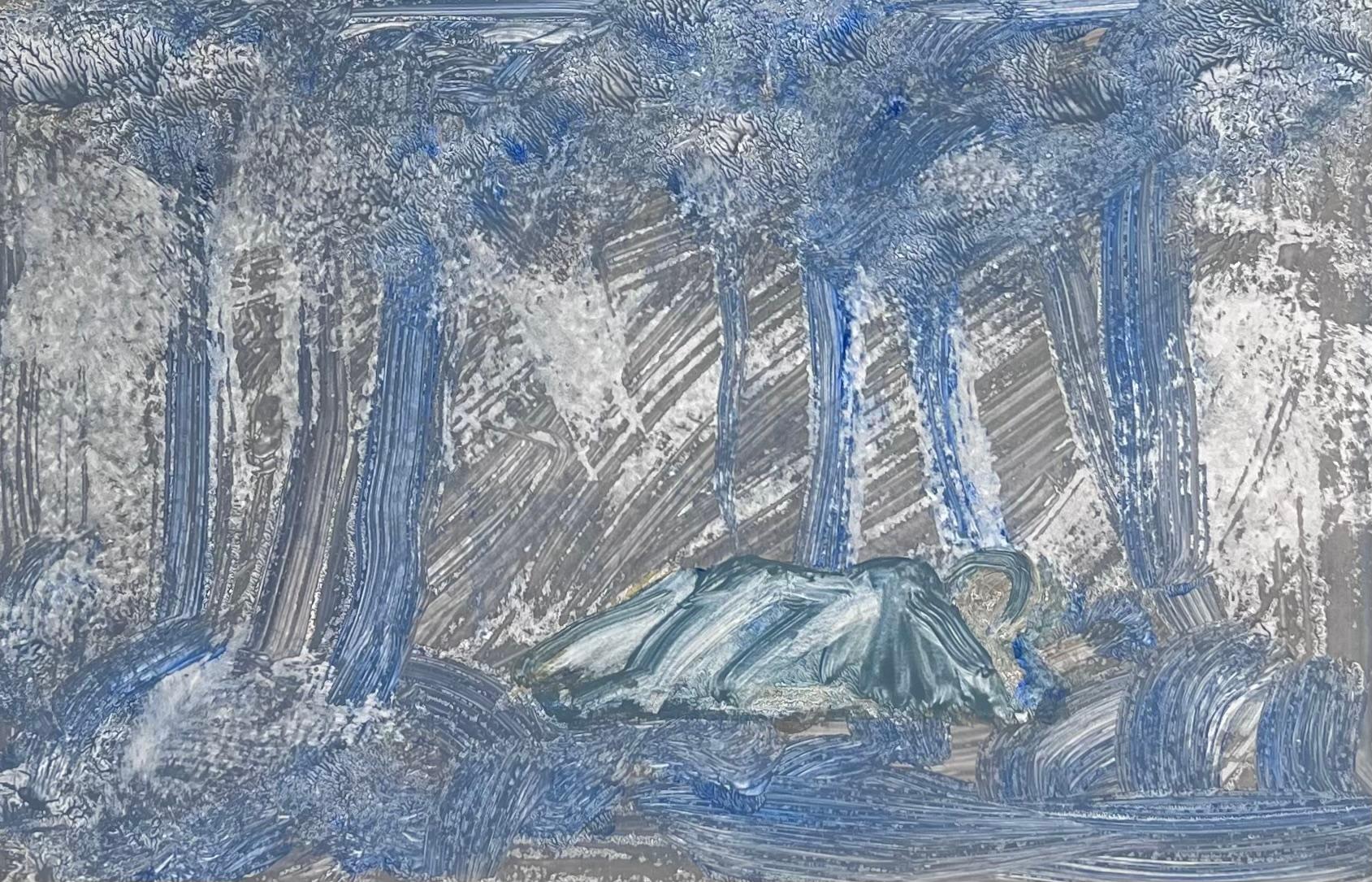 Robert Ladou Figurative Painting - Figure Sleeping Under The Blue Woodland Landscape Original French Artwork