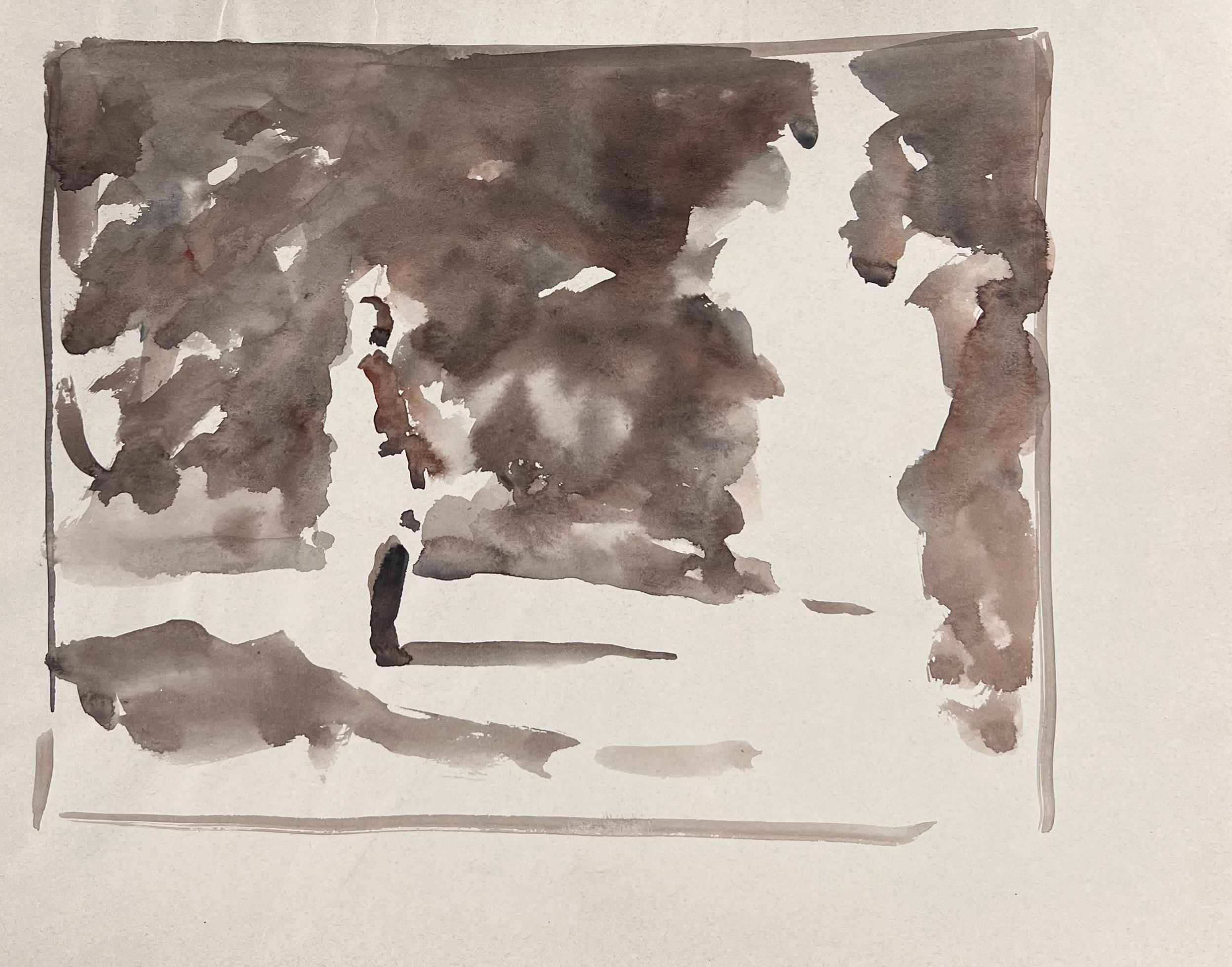 Figure Stood in Brown Foggy Landscape Original French Artwork - Painting by Robert Ladou